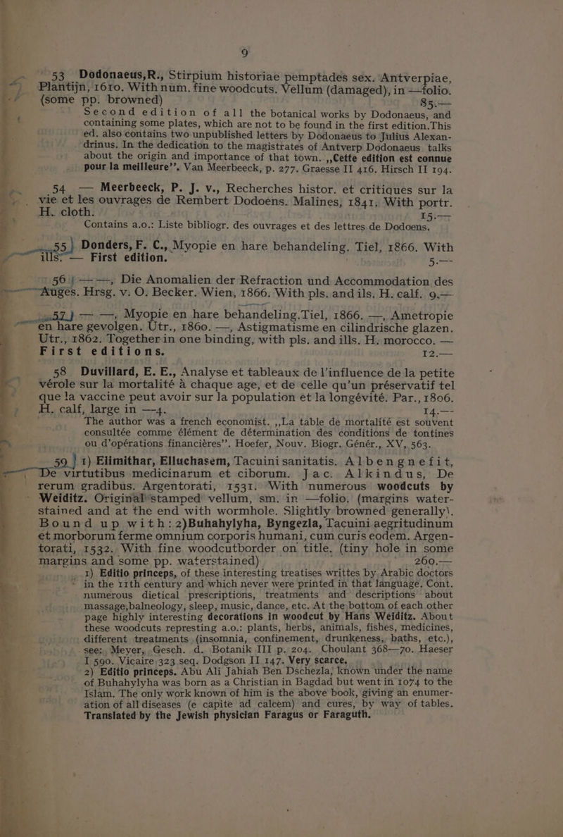 53 _Dodonaeus,R., Stirpium historiae pemptades sex. Antverpiae, | Plantijn, 1610. With num. fine woodcuts. Vellum (damaged), in —folio. (some pp. browned) 8 La s : d 4 7 > , é i Sec ond edition of all the botanical works by Dodonaeus, and t containing some plates, which are not to be found in the first edition.This | ed. also contains two unpublished letters by Dodonaeus to Julius Alexan- . drinus. In the dedication to the magistrates of Antverp Dodonaeus_ talks about the origin and importance of that town. ,,Cette edition est connue pour la meilleure’’, Van Meerbeeck, p. 277. Graesse II 416. Hirsch II 194. 54 — Meerbeeck, P. J. v., Recherches histor. et critiques sur la _, . wie et les ouvrages de Rembert Dodoens. Malines, 1841, With portr. H. cloth. 15.— : ' Contains a.o.: Liste bibliogr. des ouvrages et des lettres de Dodoens. 5) Donders, F. C., Myopie en hare behandeling. Tiel, 1866. With “4 ills? Oot “— First edition. — is, : 56 | ——, Die Anomalien der Refraction und Accommodation des ~~ Atuges. Hrsg. v: O. Becker. Wien, 1866. With pls. and ils. H. calf. 9.— wena ment w5ZJj —> —, Myopie en hare behandeling.Tiel, 1866. —, Ametropie ~ en hare gevolgen. Utr., 1860. —, Astigmatisme en cilindrische glazen. Utr., 1862. Together in one binding, with pls. and ills. H. morocco. — First editions. I2.— ¥ . a . 58 Duvillard, E. E., Analyse et tableaux de l’influence de la petite vérole sur la mortalité 4 chaque age, et de celle qu’un préservatif tel que la vaccine peut avoir sur la population et la longévité. Par., 1806. Hi. calf, large in —-4. 14.—- The author was a french economist. ,,La table de mortalité est souvent consultée comme élément de détermination des conditions de tontines ou d’opérations financiéres’’. Hoefer, Nouv. Biogr. Génér., XV, 563. 59.) 1) Elimithar, Elluchasem, Tacuini sanitatis. Albengnefit, “De virtutibus medicinarum et ciborum. Jac. Alkindus, De _ rerum gradibus. Argentorati, 1531. With numerous woodcuts by Weiditz. Original’stamped vellum, sm. in —folio. (margins water- stained and at the end with wormhole. Slightly browned generally’. Bound up with: 2)Buhahylyha, Byngezla, Tacuini aegritudinum et morborum ferme omnium corporis humani, cum curis eodem. Argen- torati, 1532. With fine. woodcutborder on title. (tiny hole in some Margins and some pp. waterstained) ‘ 260.— 1) Editio princeps, of these interesting treatises writtes by Arabic doctors - in the 11th century and which never were printed in that language. Cont. numerous dietical prescriptions, treatments and descriptions about massage, balneology, sleep, music, dance, etc. At the bottom of each other page highly interesting decorations in woodcut by Hans Weiditz. About these woodcuts represting a.o.: plants, herbs, animals, fishes, medicines, different treatments (insomnia, confinement, drunkeness, baths, etc.), . see; Meyer, Gesch. d. Botanik III p. 204. Choulant 368—7o0. Haeser I 590. Vicaire, 323 seq. Dodgson II 147. Very scarce. _. 2) Editio princeps. Abu Ali Jahiah Ben Dschezla, known under the name of Buhahylyha was born as a Christian in Bagdad but went in 1074 to the Islam. The only work known of him is the above book, giving an enumer- ation of all diseases (e capite ad calcem) and cures, by way of tables. Translated by the Jewish physician Faragus or Faraguth.