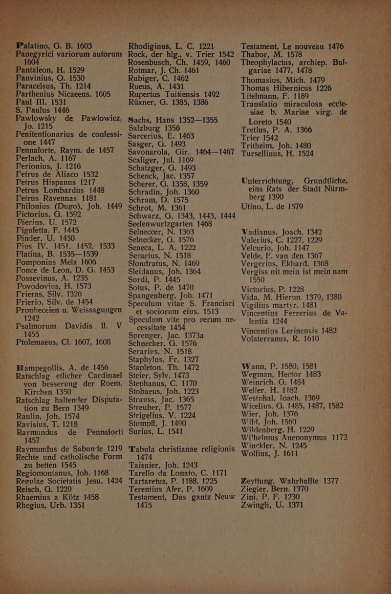 Panegyrici variorum autorum — 1604 Pantaleon, H. 1529 Panvinius, O. 1530 Paracelsus, Th. 1214 Parthenius Nicaeens. 1605 Paul Ill. 1531 §. Paulus /1446 - Pawlowsky de ‘ Jo. 1215 _Penitentionarius de confessi- one 1447 + Pennaforte, Raym. de 1457 - Perlach, A. 1167 ~ Perionits, 1216 _ Petrus de Aliaco 1532 .* Petrus Hispanus 1217 | Petrus Lombardus 1448 - Fetrus Ravennas 1181 . Philonius (Dugo), Joh. 1449 Pierius, U. 1572 7 Platina, B. 1535—1539 Pomponius Mela 1606 _ frieras, Silv. 1326 : Prierio, Silv. de 1454 ie 1455 - Ptolemaeus, Cl. 1607, 1608 Pawlowicz, ane -Pictorius, G. 1592 Pigafetta, F. 1445 5 Pinder, U. 1450. F Pius IV. 1451, 1452, 1533 Ponce de Leon, D. G. 1453 - Possevinus, A. 1235 a Povodovius, H. 1573 _ Propheceien u. Weissagungen | 1242 _\Psalmorum Davidis Il. V ag a ti pepotlis, A. de 1456 - Ratschlag etlicher Cardinael ' von besserung der Roem. Kirchen 1350 tion zu Bern 1349 Raulin, Joh. 1574 Ravisius, T. 1218 - Raymundus de. 1457 j ‘Raymundus de Sabunde 1219 Rechte und catholische Form ¥ zu betten 1545 Ss Regiomontanus, Joh. 1168 : mY Pennaforti Resulae Societatis Jesu. 1424 Reisch, G. 1220 . . Rhaemius a Kotz 1458 Rhegius, Urb. 1351 Bhodiginut 1.01221 Rock, der hig., v. Trier 1542 Rosenbusch, Ch. 1459, 1460 Rotmar, J. Ch. 1461 Rubiger, C. 1462 Rueus, A. 1431 Rupertus Tuitiensis 1492 Riixner, G. 1385, 1386 Sachs, Hans 1352—1355 Salzburg 1356 Sarcerius, E. 1463 Sasger, G. 1493 Savonarola, Gir. 1464—1467 Scaliger, Jul. 1169 Schatzger, G. 1493 Schenck, Jac. 1357 Scherer, G. 1358, 1359 Schradin, Joh. 1360 Schram, D. 1575 Schrot, M. 1361 Schwarz, G. 1343, 1443, 1444 Seelenwurtzgarten 1468 Selneccer, N. 1363 Selnecker, G. 1576 Seneca, L. A. 1222 Serarius, N. 1518 Sfondratus, N. 1469 Sleidanus, Joh. 1364 Sordi, P. 1445 Sotus, P. de 1470 Spangenberg, Joh. 1471 Speculum vitae S. Francisci et sociorum eius. 1513 Speculum vite pro rerum ne- cessitate 1454 Sprenger, Jac. 1373a Schnecker, G. 1576 Serarius, N. 1518 Staphylus, Fr. 1327 Stapleton, Th. 1472 Steier, Sylv. 1473 Stephanus, C. 1170 Stobaeus, Joh. 1223 Strauss, Jac. 1365 Streuber, P. 1577 Strigelius, V. 1224 Stumpff, J. 1490 Surius, L. 1541 Tabula christianae religionis 1474 Taisnier, Joh. 1243 Tarello da Lonato, C. 1171 Tartaretus, P. 1188, 1225 Terentius Afer, P. 1609 Testament, Das gantz Neuw 1475 Textaent Le nouveau 1416 . Thabor, M. 1578 Wag’ Theophylactus, archiep. Bul- peas gariae 1477, 1478 nit Thomasius, Mich. 1479 Thomas Hibernicus 1226 Titelmann, F. 1189 Translatio miraculosa eccle- siae b. Mariae virg. de Loreto 1540 Tretius, P. A. 1366 Trier 1542 Tritheim, Joh. 1480 Tursellinus, H. 1524 Unterrichtung, Grundtliche, eins Rats der Stadt Niirm- berg 1390 Utino, L. de 1579 Wadianus, Joach. 1342 Valerius, C. 1227, 1229 Velcurio, Joh. 1147 Velde, F. van den 1367 Vergerius, Ekhard. 1368 Ba Vergiss nit mein ist meinnam 1550 Victorius, P. 1228 Vida, M. Hieron. 1379, 1380 Vigilius martyr. 1481 Vincentius Ferrerius de Va- lentia 1244 Vincentius Lerinensis 1482 Volaterranus, R. 1610 WVann, P. 1580, 1581 Wegman, Hector 1483 Weinrich. G. 1484 Weller. H. 1182 Westphal, Toach. 1369 Wicelius, G. 1485, 1487, 1582 Nie Joh. 1376 Wild, Joh. 1560 Wildenberg, H. 1229 Withelmus Aneponymus 1172 Winckler, N. 1245 Wolfius, J. 1611 Zeyttung, Wahrhaffte 1377 Ziegier, Bern. 1370 Zim, P. F. 1230 Zwingli, U. 1371