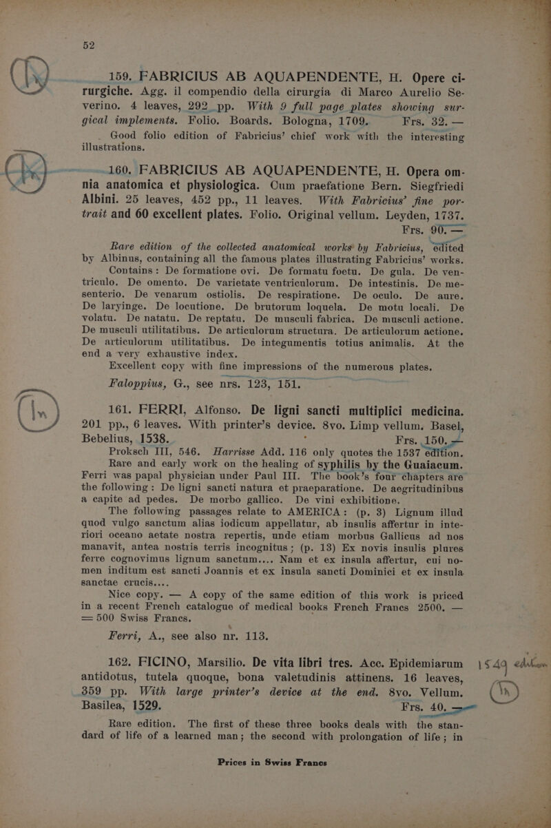_159. FABRICIUS AB AQUAPENDENTE, H. Opere ci- rurgiche. Agg. il compendio della cirurgia di Marco Aurelio Se- verino. 4 leaves, 292 pp. With 9 full page plates showing sur- gical implements. Folio. Boards. Bologna, 1709. Frs. 32. — Good folio edition of Fabricius’ chief work with the interesting illustrations. -160. FABRICIUS AB AQUAPENDENTE, H. Opera om- nia anatomica et physiologica. Cum praefatione Bern. Siegfriedi Albini. 25 leaves, 452 pp., 11 leaves. With Fabricius’ fine por- trait and 60 excellent plates. Folio. Original vellum. Leyden, 1737. Frs. 90. — fare edition of the collected anatomical works by Fabricius, “edited by Albinus, containing all the famous plates illustrating Fabricius’ works. Contains: De formatione ovi. De formatu foetu. De gula. De ven- triculo. De omento. De varietate ventriculorum. De intestinis. De me- senterio. De venarum ostiolis. De respiratione. De oculo. De aure. De laryinge. De locutione. De brutorum loquela. De motu locali. De volatu. De natatu. De reptatu. De musculi fabrica. De musculi actione. De musculi utilitatibus. De articulorum structura. De articulorum actione. De articulorum utilitatibus. De integumentis totius animalis. At the end a very exhaustive index. Excellent copy with fine peda Ma ie of the | numerous plates. Faloppius, G., see nis. 123, “151, 161. FERRI, Alfonso. De ligni sancti multiplici medicina. 201 pp., 6 leaves. With printer’s ee. 8vo. Limp vellum. Basel, Bebelius, 1538. Frs. Soo Proksch Ill, 546. Harrisse Add. 116 only quotes the 1537 edition. Rare and early work on the healing of syphilis by the Guaiacum. Ferri was papal physician under Paul III. The book’s four chapters are the following: De ligni sancti natura et praeparatione. De aegritudinibus a capite ad pedes. De morbo gallico. De vini exhibitione. The following passages relate to AMERICA: (p. 8) Lignum illud quod vulgo sanctum alias iodicum appellatur, ab insulis affertur in inte- _ riori oceano aetate nostra repertis, unde etiam morbus Gallicus ad nos manavit, antea nostris terris incognitus; (p. 13) Ex novis insulis plures ferre cognovimus lignum sanctum.... Nam et ex insula affertur, cui no- men inditum est sancti Joannis et ex insula sancti Dominici et ex insula sanctae crucis.. Nice copy. — A copy of the same edition of this work is priged in a recent French catalogue of medical books French Franes 2500. = 500 Swiss Francs. Ferri, A., see also nr. 113. 162. FICINO, Marsilio. De vita libri tres. Acc. Epidemiaram | § 49 edbalagn antidotus, tutela quoque, bona valetudinis attinens. 16 leaves, Basilea, 1529. Frs. 40, > Rare edition. The first of these three books deals with the stan- dard of life of a learned man; the second with prolongation of life; in