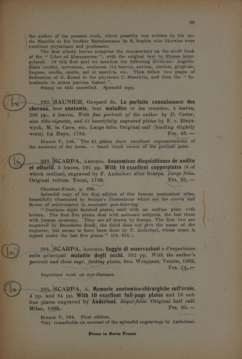 the author of the present work, which possibly was written by his un- ele Marsilio or his brother Bartolommeo de S. Sophia who likewise were .. excellent physicians and professors. _ 4 The first ninety leaves comprise the commentary on the ninth book cae of the ‘‘ Liber ad Almansorem ’’, with the original text by Rhazes inter- P polated. Of this first part we mention the following divisions: Aegritu- 5 dines cerebri, nervorum, oculorum (14 leaves), aurium, narium, gingivae, linguae, cordis; epatis, ani et matricis, etc. Then follow two pages of dedication of G. Kraut to the physician C. Stoecklin, and then the ‘‘ In- troductio in artem parvam Galeni ’’. Stamp on title cancelled. Splendid copy. . Ue) — 20 92. \SAUNIER, Gaspard de. La parfaite connaissance des chevaux, leur anatomie, leur maladies et les remédes. 4 leaves, 256 pp., 4 leaves. With fine portrait of the author by D. Coster, nice title-vignette, and 61 beautifully engraved plates by F. v. Bleys- wyck, M. la Cave, etc. Large folio. Original calf (binding slightly worn). La Haye, 1734. Frs. 40. — Brunet V, 149. The 61 plates show excellent representations of the anatomy of the horse. — Small blank corner of the portrait gone. 7 (iy) igi 293. |SCARPA, Antonio. Anatomicae disquisitiones de auditu fe et olfactil. 5 leaves, 101 pp. With 16 excellent copperplates (8 of ; which outline), engraved by F. Anderloni after Scarpa. Large folto. Original vellum. Ticini, 1789. Frs. 95. —— wee CS Choulant-Frank, p. 299. i Splendid copy of the first edition of this famous anatomical atlas, beautifully illustrated by Searpa’s illustrations which are the crown and flower of achievement in anatomic pen-drawing. ‘¢ Contains eight finished plates, each with an outline plate with letters. The first five plates deal with zodtomic subjects, the last three with human anatomy. They are all drawn by Scarpa. The first two are engraved by Benedetto Eredi, the third does not give the name of the engraver, but seems to have been done by F. Anderloni, whose name is signed under the last five plates ’’ (Ch.-Frk.). >. eS ~Se” nF ahs =~ : he! ¥ sulle principali malattie degli occhi. 352 pp. With the author’s portrait and Le ee engr. folding plates. 8vo. Wrappers. Venice, 1802. Frs. J4,-—— ay 2 lh a a 7 .> a : Important work on eye-diseases. 295, /SCARPA, A. Memorie anatomico-chirurgiche aullverniet 4 pp. and 84 pp. With 10 excellent full-page plates and 10 out- line plates engraved by Anderloni. Royal-folio. Original half calf. Milan, 1 809... Frs. 65. — Brunet V, 184. First edition. Very remarkable on account of the splendid engravings by Anderloni. fata cag gO OO .