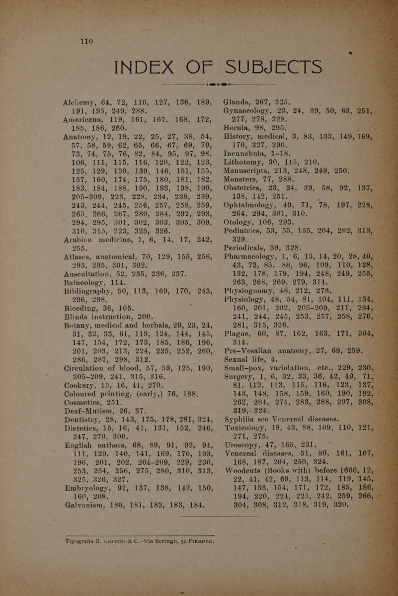ss s wt +36, = . 5 > ms oor Co ys ae os ee “a “; >< 25) +, ‘ath a ti oe ere ars “ie rh ‘ . = ah Alchemy, 64, 72, 110, 127, 136, 189, 191, 195, 249, 288. Americana, 119, 161, 167, 168, 172, 185, 186, 260. Anatomy, 12, 19, 22, 25, 27, 38, 54, 57, 58, 59, 62, 78, 74, 75, 76, 106, 111, 115, 125, 129, 130, 65,. 66,:67,. 69,. 70, 82,4 84,> 95, 797,98, 116, -120,° 1225-128, 139, 146, -151, 155, L675 160, F274. 0176, 980, eS Tb 2, 183, 184,- 188, 190, 193,: 198,199, 205-209, 223, 228, 234, 238, 239, 243, 244, 245, 256, 257, 258, 259, 265, 266, 267, 280, 284, 292, 293, 294, 295, 301, 302, 303, 305, 309, 310, 315, 223, 325, 326. Arabian medicine, 1, 6, 14, 17, 242, 255. Atlases, anatomical, 70, 129, 155, 256, 293, 295, 301, 302. Auscultation, 52, 235, 236, eaT Balneology, 114. Bibliography, 50, 113, 296, 298. Bleeding, 36, 105. Blinds instruction, 200. Botany, medical and herbals, 20, 23, 24, 31, 32, 33, 61, 119, 124, -1445 145, 147, 154, 172, 173, 185, 186, 196, 201, 203, 213, 224, 225, 252, 260, 286, 287, 298, 312. Circulation of blood, 57, 59, 125, 190, : 205-209, 241, 315, 316. Cookery, 15, 16, 41, 270. . Coloured printing, (early,) 76, 188. Cosmetics, 251. Deaf-Mutism, 26, 37. Dentistry, 28, 143, 175, 178, 281, 324. Dietetics, 15, 16, 41, 131, 152, 246, 247, 270, 300. English authors, 68, 89, 91, 92, 94, TIT) 21295140, 141-1695 170,193; 196, 201, 202, 204-209, 229, 230, 253, 254, 256, 275, 280, 310, 313, 325, 326, 327. 169, 170, 243, Embryology, 92, 137, 138, 142, 150, - 169, 208. Galvanism, 180, 181, 182, 183, 184. ate ; = 4. ie i ay 7“ SPN Pa” , a ea oes « = om - FF Bry ee x Sie t — sens oO Y % ~Po ae * 7) = ee : % eee he Soa Oe eS te EE p>. eae : ae 1% ‘=+ Fs Cie BS Glands, 267, 325 Gynaecology, 23, 277, 278, 328. Hernia, 98, 295. History, medical, 170, 227, 290. Incunabula, 1-18. Lithotomy, 30, 115, 210. Manuscripts, 213, 248, 249, 250. Monsters, 77, 288. Obstetrics, 23, 24, 39, 58, 92, 138, 142, 251, Ophistmolors 49, #1, 264, 294, 301, | Othlone 106, 293. ; es Pediatrics, 53; 55, 135, 204, 282, 313, 329. . ies 4 Periodicals, 39, 328. ees Pharmacology, 1, 6, 13, 14, 20, 28, 40, 43, 72, 85, 86, ‘96, 109, 110, 128) 132, 178, 179, 194, 248, 249, 255, — 263, 268, 269, 279, 314. ¥ % Phyaconony 48,212; 998. poe Physiology, 48, BA, 81, 104, 111, 134, 160, 201, 202, 205-209, 211, 234, 241, 244, 245, 253, 257, 258, 276, 281; 23175, 326. 24, 39, 50, 63, 251, i, ter eo 137, | Birt * 78, 197, 228, 310. oe #3 We. Plague, 60, 87, 162, 163, 171, 304, “ee 314. ‘a Pre-Vesalian anatomy, 27, 69, 259. Sexual life, 4. Small-pox, variolation, ete., 229, 230. Surgery, 1, 6, 32, 33, 36, 42, 49, 71, Sl, 2472. 113, 115, 116, 123, 13% 143, 148, 158, 159, 160, 190, 192 i 262, 264, 274, 283, 288, 297, 308, . 319, 324. ek - gyphilis see Venereal diseases, ae Toxicology, 19, 43, 88, 109, 110, Diy 3 271, 27% ene Tireccnag: TSO. A281 ae | rr Venereal ittaoneens Bh SU 1G ls 167, 168, 187, 204, 250, 324. are Woodeuts (Books with) before 1600, 718 oi. 92, 41, 42,69, 113,.114, 119, 1459 147, 158, 154, 171, 172, 185, 186, 194, 220, 224, 295, 242, 259, 266, 304, 308, 312, $18; 3195 320.  “oo +l) sg