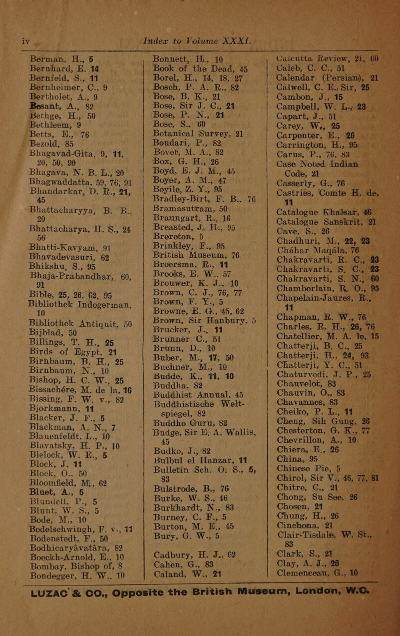 Berman, H., 5 Bernhard, E. 14 Bernield, S., 11 Bernheimer, C., 9 Bertholet, A., 9 Besant, A., 82 Bethge, H., 50 Bethileem, 9 - Betts, E., 76 - Bezold, 85 Bhagavad: Gita, 9. 11, 20, 50, 90 Bhagava, N. B. L., 20 Bhagwaddatta, 59, 76, 91 Bhandarkar, D. R., 21, 45 Bhattacharyya, 20 Bhattacharya, H. S., 24 56 Bhatti-Kavyam, 91 Bhavadevasuri, 62 Bhikshu, S., 95 Bhaja-Prabandhar, 60, 91 Bible, 25, 26, 62, 95 Bibliothek Indogerman, 10 Bibliothek Antiquit, 50 Bijblad, 50 Billings, T. H., 25 Birds of Egypt, 21 Birnbaum, B. H., 25 Birnbaum, N., 10 Bishop, H. C. W., Bissachére, M. de la, 16 Bissing, F. W. v., 82 Bjorkmann, 11 Blacker, J. F., 5 Blackman, A. N., 7 Blauenfeldt. L., 10 Blavatsky, H. P., 10 Blelock, W. E., 5 Block, J. 11 Block, O., 50 Bloomfield, M\., 62 Bluet, A., 5 Blundell, P., 5 Blunt, W. S.,.5 Bode, M., 10 Bodelschwingh, F. v:, 11 Bodenstedt, F., 50 Bodhicaryavatara, 82 Boeckh-Arnold, E., 10 Bombay, Bishop of, 8 Bondegger, H. W., 10 1S iy Be Bonnett, Hi., 10 Book of the Dead, 45 Borel, H., 14, 18, 27 Bosch, P. A. R., 82 Bose, S., 60 Botanical Survey, 21 Boudari, P., 82 Bovet, M. A., 82 Box, G. H., 26 Boyd, EH. J: M., 45 Boyer, A. M., 47 Boyile, Z. Wis 95 Bradley-Birt, F. B., 76 Bramasutram, 50 Braungart, R., 16 Breasted, Ji. ae 1) 95 Brereton, 5 - Brinkley, F.,.95 British Museum, 76 Broersma, R:, 11 Brooks, E. W., 57 Brouwer, K. ie 10. Brown, C. J., 76, 77 Brown, F. Y., 5 Browne, E. G., 45, 62 Brown, Sir Hanbury, 5 Brucker, J., 11 Brunner. C., 51 Brunn, D., 10 Buber, M., 17, 50 Buchner, M., 10 Budde, K., 11, 10 Buddha, 82 Buddhist Annual, 45 Buddhistische Welt- spiegel, 82 Buddho Guru, 82 Budge, Sir E. A. Wallis, 45 Budko, J., 82 Bulbul el Hanzar, 11 Bulletin Sch. O: S., 5, 83 Bulstrode, B., 76 Burke, W. S., 46 Burkhardt, N., 83 Burney, C: F., 5 Burton, M. E., 45 Bury, G. W., 5 Cadbury, H. J., 62 Cahen, G., 83 Caland, W., 21 | Calcutta Review, 21, or Caleb, C. C,, 51 Calendar (Persian), 21 Calwell, C. E., Sir, 25 Cambon, J.; 15 Campbell, W. L.» 23 Capart, J., 51 Carey, W,, 25 Carpenter, E., 26 Carrington;, H., 950014 Carus, . P... 76i8e0e Case Noted Indian Code, 21 Casserly, G., 76 Castries, ‘Conte H. de, qi. Catalogue Khalsar, 46 Catalogue Sanskrit, ys Cave, S., 26 Chadhuct! M., 22, 23 Chahar Magqdala, 76 Chakravarti, BR. C., Chakravarti, S. Ct Chakravarti, S. N.) % Chamberlain, R. O., Chapelain-Jaures, R. 11 Chapman, R. W., Charles, R. H., a6, (i Chatellier, M. A. Te, 15 Chatterji, B. C., 25 Chatterji, H., 24, 93 Chatterji, Y.-C. 5 Chaturvedi, J. P., 25 Chauvelot, 83 A Chauvin, O., 83 Chavannes, 83 Cheiko, P. L., 11 Cheng, Sih Gung, 26 Chesterton, G. K., 77. Chevrillon, A., 10: . Chiera, E., 26 China, 95 Chinese Pie, 5 Chirol, Sir V:, 46, 71, ‘st Chitre, C., ot me Chong, Su See, 26 Chosen, 21 os Chung, H., 26 Cinchona, 21 Clair-Tisdale, W. Stes Ssrees Clay, A.d., 26: Clomanceeas G30: