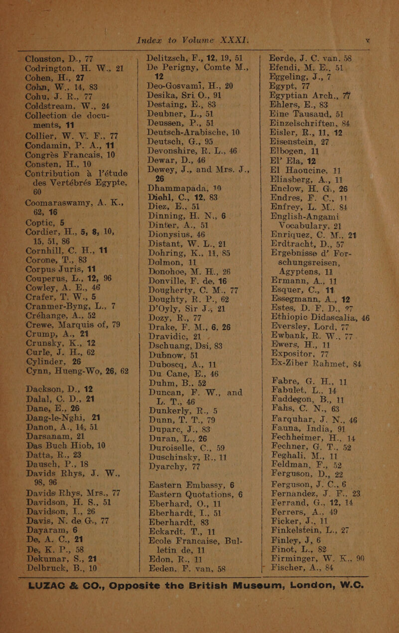 Cranmer-Byng, Lovie’ Créhange, ‘As 52 Crewe, Marquis of, 79 Crump, A., 21 Crunsky, K., 12 Curie, J. oa 62. Cylinder, 26 % Oynn, Hueng-Wo, 26, 62 BS - Dackson, D., 12 © Dalal, C..D., 21 &gt; Dane, E., 26 Dang-le-Nghi, 21 ~ Danon, A., 14, 51 bre Darsanam, 21 _ Das Buch Hiob, 10. Datta, R., 23 Dausch, Pp. 18 Davids Rhys, wax Wee Sh 20 BB Davids Rhys, ee a4 Javidson, H. S., 51 ) pideor 1g , 26 Deussen, P., 51 Deutsch-Arabische, 10 Deutsch, G., 95_ Devonshire, R. L., 46 Dewar, D., 46 Dhammapada, 19 Diez, Bie 5 o', Dinning, H. N., 6. Dionysius, 46 Dohring, K., 11,85 Dolmon, 11 Donohoe, M. Hi., 26 Donville, F. de, 16 Dougherty, C. M:., 77 Doughty, R. P., 62 D’Oyly, Sir J., 21 Dozy, R., 77 Drake, F. M., 6, 26 Drawvidic, 21 . Dschuang, Dsi, 83 Dubnow, 51 Duboscq, A, Du Cane, E., Duhm, B.. a Duncan, FP. W., and L. T.;, 46 Dunkerly, R., 5 Dunn, T. T., 79 Duparce, J., 83 Duran, L., 26 Duroiselle, C., 59 Duschinsky, R., 11 Dyarchy, 77 Eastern Embassy, 6 Eastern Quotations, 6 Eberhard, O., 11 Eberhardt, I., 51 Eberhardt, 83 Eckardt, T., 11 Ecole Francaise, Bul- letin de, 11 Edon, R., 11 Eeden, F. van, 58 Herde,. J. C. van, 58 — Efendi, M. E., 51. * Eggeling, J., 7. y Egypt, 77 ‘ ft AG Re Egyptian Arch., ae Be Ehlers, E., 83 Hine Tausaud, 51 Einzelschriften, 84 — Hisler, R., 11, 42. Eisenstein, 27. Elbogen, 11 EV’ Ela, 12 El Haoucine, 11 Enclow, H. G:, 26 Endres, F. €., 11 Enfrey, L. M.. 84 English-Angami Vocabulary. 21 Enriquez, C. M., at Erdtracht, D., 57. ae Ergebnisse @ For- ie schungsreisen, oe Agyptens, 11 “Me Ermann, A., 11 | Esquer, C., 11. . 4B Essegmann, A., 42 ; Estes, D. F. D., 97 ey. Ethiopic Didasealia, 46 i Eversley, Lord, 77 ¥ Ewhbank, R. W., 77. Elwers, H., 11 Expositor, 77 Ex-Ziber Rahmet, 84 Fabre, G. H., 11 Fabulet, L., 14 Faddegon, B., 11 Fahs, C. N., 63 Farquhar, J. N., 46 Fechheimer, H., 14 Fechner, G. T., 52. Feghali, M., 11 Feldman, F., 52 Ferguson, Di 22 Ferguson, J. Cc. 6 Ferrand, G., 12, 14 oy Ferrers, A., 49 4 Ficker, J., 11 Finkelstein, L., 27 Finley, J, 6 a Finot, L., 82 - ai) Firminger, Ww. K., 90 te