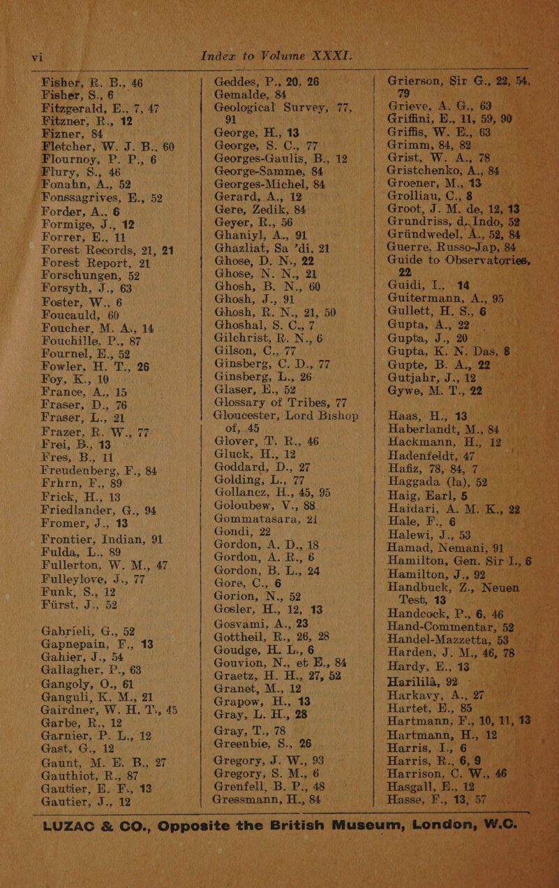 Fisher, R. B., 46 Fisher, S., 6° Fitzgerald, E., 7, 47 Fitzner, R., 2 Fizner, 84 Fletcher, W. J. B., 60 Flournoy, P. P., 6 Flury, S., 46 Fonahn, A., 52 . Fonssagrives, B., 52 Forder, A., 6 Formige, J., 12 Forrer, E., 11 Forest Records, 21, 24 Forest Report, 21 Forschungen, 52 Forsyth, J., 63 Foster, W., 6 Foucauld, 60 Foucher, M. A., 14 Fouchille, P., 87 Fournel, E., 52 Fowler, H. T., 26 Foy, K., 10 France, A., 15 Fraser, D., 76 Fraser, L., 21 Frazer, R. W., 77 Frei, B., 13 Fres, B., 11 Freudenberg, F., 84 Frhrn, F., 89 Frick, H., 13 Friedlander, G., 94 Fromer, J., 13 Frontier, Indian, 91 Fulda, L.. 89 Fullerton, W. M., 47 Fulleylove, J., 77 Funk, S., 12 First, J., 52 Gabrieli, G., 52 Gapnepain, F,, 13 Gahier, J., 54 Gallagher, P., 68 Gangoly, O., 61 Ganguli, K. M., 21 Gairdner, W. H. T’., 45 Garbe, R., 12 Garnier, P. L., 12 Gast, G., 12 Gaunt, M. HE. B., 27 Gauthiot, R., 87 Gautier, EH, F., 13 Gautier, Na 12 Geddes, P., 20, 26 Gemalde, 84 Geological Survey, 77, 91 George, H., 13 George, S. C., 77 Georges-Gaulis, B., 12 George-Samme, 84 Georges-Michel, 84 Gerard, A., 12 Gere, Zedik, 84 Geyer, R., 56 Ghaniyl, A., 91 Ghazliat, Sa ’di, 21 Ghose, D. N., 22 Ghose, N. N., 21 Ghosh, B. N., 60 Ghosh, J., 91 Ghosh, R. N., 23, 50 Ghoshal, S. C., 7 Gilchrist, R. N., 6 Gilson, C., 77 Ginsberg, C. D., 77 Ginsberg, L., 26 Glaser, E., 52 Glossary of Tribes, 77 Gloucester, Lord Bishop of, 45 Glover, 'T. R., 46 Gluck, H., 12 Goddard, D., 27 Golding, L., 77 Gollanez, H.., 45, 95 Goloubew, V., 88 Gommatasara, 21 Gondi, 22 Gordon, A. D., 18 Gordon, A. R., 6 Gordon, B. L., 24 Gore, C., 6 Gorion, N., 52 Gosler, H., 12, 13 Gosvami, A., 23 Gottheil, R., 26, 28 Goudge, H. L., 6 Gouvion, N., et E., 84 Graetz, H. H.. 27, 52 Granet, M., 12 Grapow, H., 13 Gray, L. H., 28 Gray, T., 78 Greenhbie, 8., 26 Gregory, J. W., 93 Gregory, S. M., 6 Grenfell, B. P., 48 Gressmann, H., 84 ( Gaianeun: Six G. 22, A, 79 Grieve, A. G., 63. Griffini, E., il, oy 90 - Griffis, W. E., aa Grimm, 84, as Grist, W. A., Dag nah Gristchenko, nt) 84 a Groener, M., 13 Grolliau, C.,8 | Groot, J. M. de, 12, 13 Grundriss, d,Indo, 52 Griindwedel, fo) 52, 84 Guerre, Russo-J: ap, 84. i Guide to Observatories, 22, Guidi, I., 14 Guitermann, A., 95 Gullett, H. S., 6 Gupta, A., 22 Gupta, J., 20 Gupta, K. N. Das, &amp; Gupte, B. Ai, 222 Gutjahr, J., 12 s Gywe, M. T., 22 Haas, H., 13 | Haberland: M., 84. Hackmann, Hi 1215) Gee Hadenfeldt, 47 Hafiz, 78,- 84, 7 Haggada (la), 52 Haig, Earl, 5 Haidari, A. M. K., 22 Hale, F., 6 Halewi, J. 53 Hamad, Nemani: 91 Hamilton, Gen. Sir 1., 6 Hamilton, J., 92 43 Handbucek, Z.., Neuen Test, 13 fa Handcock, P., 6, 46 Hand- Commentar, 52 Handel-Mazzetta, 53 Harden, J. M., 46, sid ro Hardy, E., 18 Harililé, 92 a } Harkavy, me PMS Cac de | Hartet, E., 85 £ Hartmann, F., 10, 01, Ba ‘i Hartmann, H., 5 baile Harris, I., 6 (aS) e Harris, R., 6,9 a Harrison, © We 46 . Hasgall, E., up, i Hasse, Hy Ps yf: aa