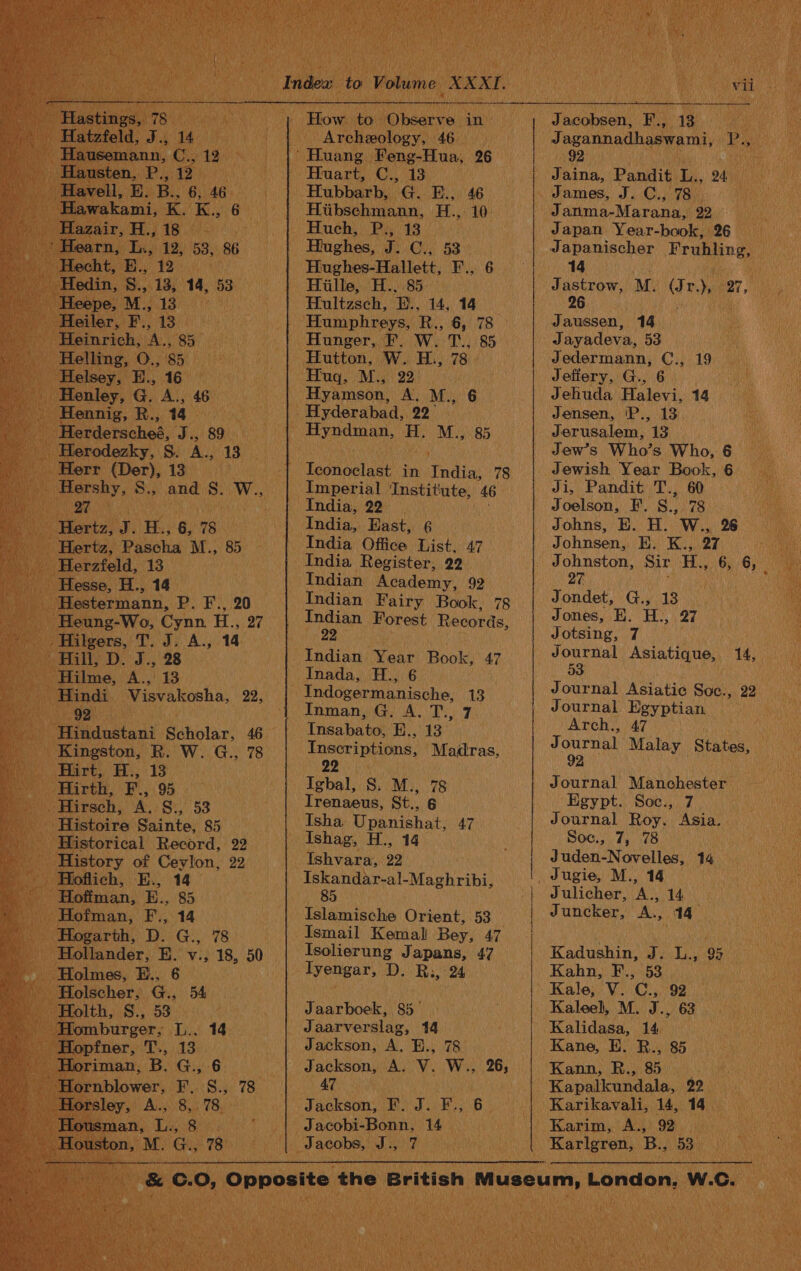 a Bre H.6, 8 Wo, Gyn H., aT J. A., ie hG, ie: E,, Hiibschmann, Bue a . Hach, Pe ‘1B _ Hughes, re Cis 58 | Hughee-Hallett, F., 6 Hiille, H., 85 Hultzsch, B., 14, 14 _ Humphreys, he. 6, 78 - ae F. W. T., 85 Hutton, ie H., 78. ‘ug, M.,. Hp yan M., 6 Hyderabad, 22 Chiat ieee tae “ig es 85 Mapnaciodt in Cy ask 78 Imperial ‘Institute, 46 India, 22 India, East, 6 s India Ofics: List, 47 India Register, 22 Indian Academy, 92 Indian Fairy Book, 78 Indian Forest Records, 22 Indian. Waar Book, 47 Inada, H., 6 mth - Indogermanische, 1) Inman, G. A. T., 7 Insabato, kts Inscriptions, Madras, OR bik Igbal, S. M., 78 | Irenaeus, St., 6 Isha Upanishat, 47 Ishag, H., 14 i Vlsn vaso? sah Ce mane 85 Islamische Orient, 53 Ismail Kemal Bey, 47 Isolierung Japans, (i &gt; tenga D. R:, 24 Jaarboek, 85° Jaarverslag, 14 Jackson, A. E., 78 AZ Jackson, F. J. F., iB J acobi-Bonn, | 14. a aganna dhaswami, Pe eR : J aina, Pandit Ty, 24 . James, J. C., 78. 4 § anma-Marana, Bey Japan Year-book, 26_ _Japanischer Frubling, 14 - Jastrow, M. 3) ae a, 26 Jaussen, 14 Jayadeva, 53 be Jedermann, ©., 19 | i Jeffery, G., 6. h Jehuda Halevi, Jensen, P., 13. Jerusalem, 13 Jew’s Who’s Who, 6 Jewish Year Book, 6 Ji, Pandit T., 60 Joelson, F. Ss. 73 Johns, E. H. W., 26. Johnsen, E. K., 27 ; Johnston, Sir ae 6, ih 27 -Jondet, G., 13 Jones, HE. H., 27 Jotsing, 7 f Journal Asiatique, 14, 53 Journal Asiatic Soc., 22 Journal Egyptian Arch., 47 | feta: a Journal Malay States, ae 92 Pee ee Journal Manchester Egypt. Soc.,, 7 ote Journal Roy. Asia. — ahtte ly CReuly Divs Waa da Juden-Novelles, 4 _ Jugie, M., 14 ap ulicher, we 14 Juncker, A., 14° Kadushin, ry Te 95 Kahn, F., 53 Kaleel, M. J., 63 Kane, Bo Bo, 85 0) 5 Kapalkundala, 20 iy “ ve