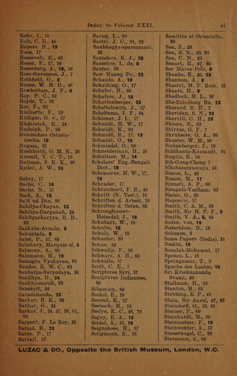 oe M. N. 98 OPT ag hes K., 80° ae 28 uh tya “aha 23 vb Be , Marquis of, 5 oe 88° P aadlanerd K. x, sy 28 Saussure, L. de, 8 Sauter, 88 Schafers, J., 18 © Dict., 18 Schrader, 17 Schrift (N. Test.), 18 Schronghamer- Heimdal, J., 18 Schubart, W., 18 Schultz, 18 Schulz, W., 18° Schuster, 88 Schuz, 52 Schwally, F., 16 Schwarz, A. B., 88 Scott, C. E.,°7 Sculptures Pe twsamci 88 smart den: 89 Seckel, E., 18 Second, E., 57 “30 Senart, E., 47, 86 Ser Marco. Polo, 8 Shanks, E., 28,. 98° Higae Shannon, hs Cay a hi Shastri, M. P. Ram, 25 Shears, Hy Sho She-Rab-Dong he (23 Sherard, R. H., Sheridan, Ss. N., ie Sherrill, C. ieee 28 Shirras, G) F.,:7 Shrubsole, O. A. 80 Shuster, W. M., 80 Sickenberger, A iat 18 Sieglin, E., 16. Sih-Gung-Cheng 7 Sikshasamuccaya, 48 Simon, L., 48 Simon, M., 17° Sinnett, A. P., 80 | Sisupala-Vadham, 93 — Slater, G., 28. : Smith, C.A.M., 80 Smith, V. A., 8, 48 — Soden, von, 19 Soderblom, B., 18 Solomon, 9 Some Papers tadia), m4 Soskin, 19. Soualah-Mohamed, 37 Spence, Li, 18 et os Springmann, a Kha Hana Tsp Spuche des Laotse, 19 Sri Krishnananda Svami, 20 | Stallman, H., 13) Stanton, H., 93. Stebbing, EH. P., 8 ia Stein, Sir: Aurel, 47, 63 Steindorff, G., 58, 88° Steiner, P., 89 AN