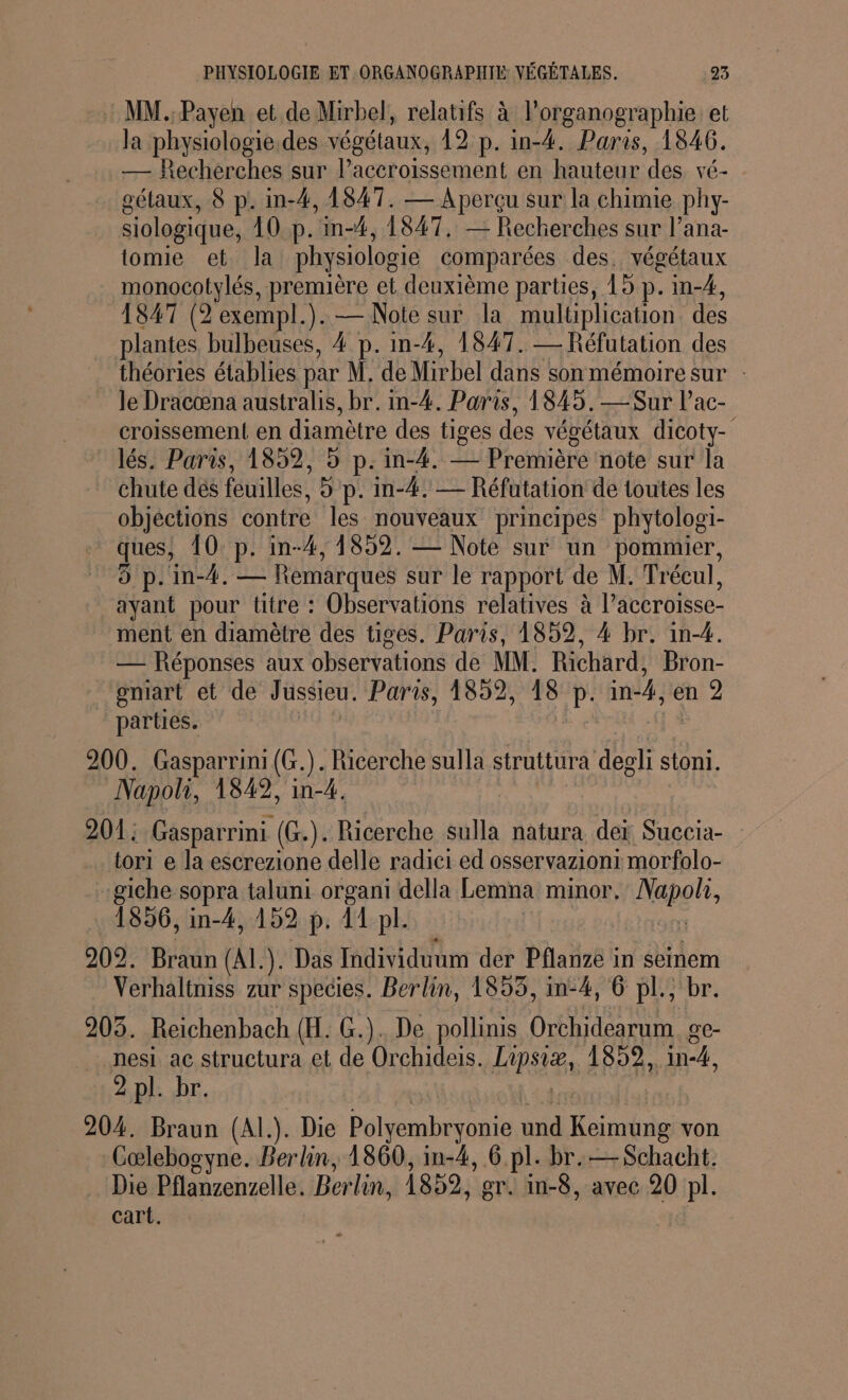 MM. Payen et de Mirbel, relatifs à l'organographie et la physiologie.des végétaux, 12 p. in-4. Paris, 1846. Recherches sur lPaccroissement en hauteur des vé- gétaux, 8 p. in-4, 1847. — Aperçu sur la chimie phy- siologique, 10 p. ‘in-#, 1847. — Recherches sur l’ana- tomie et la physiologie comparées des. végétaux monocotylés, première et deuxième parties, 15 p. in-4, 1847 (2 exempl.).— Note sur la mulüplication des plantes bulbeuses, 4 p. in-4, 1847. —Réfutation des théories établies par M. de Mirbel dans son mémoire sur: le Dracæna australis, br. in-4. Paris, 1845.—Sur l’ac- croissement en diamètre des tiges des végétaux dicoty- lés. Paris, 1852, 5 p.in-4. — Première note sur la chute dés feuilles, 5 p. in-4. — Réfutation de toutes les objéctions contre les nouveaux principes phytologi- ques, 10: p. in-4, 1852. — Note sur un pommier, 5 p.in-4. — Remarques sur le rapport de M. Trécul, ayant pour titre : Observations relatives à l'accroisse- ment en diamètre des tiges. Paris, 1852, 4 br. in-4. — Réponses aux observations de MM. Richard, Bron- gniart et de Jussieu. Paris, 1852, 18 p. in- 4, en 2 parties. 200. Gasparrini (G.). Ricerche sulla struttura degli stoni. Napoli, 1842, in-4. 201: Gasparrini (G.). Ricerche sulla natura der Succia- tori e la escrezione delle radici ed osservazioni morfolo- giche sopra taluni organi della Lemna minor, dci 1856, in-4, 159 p. 11 pl. 902. Braun (AL.). Das Individuum der Pflanze in seinem Verhaltniss zur species. Berlin, 1855, im-4, 6 pl., br. 203. Reichenbach (H. G.). De pollinis Orchidearum ge- nesi ac structura et de Orchideis. HIpSS 1852, in4, 2 pl. br. 204. Braun (Al.). Die Polyembryonie und ie von Gœlebogyne. Berlin, 1860, in-4, 6 pl. br.— Schacht. Die Pflanzenzelle. Berlin, 1859, gr. in-8, avec 20 pl. cart.