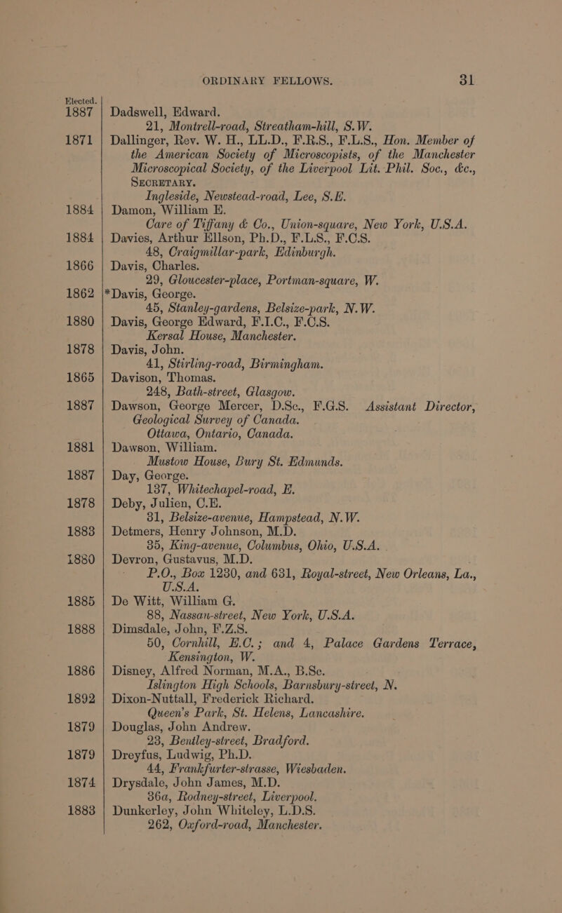 1887 1871 1884 1884 1866 1862 1880 1878 1865 1887 1881 1887 1878 1883 1880 1885 1888 1886 1892 : 1879 1879 1874. 1883 ORDINARY FELLOWS. 31 Dadswell, Edward. 21, Montrell-road, Streatham-hill, S.W. Dallinger, Rev. W. H., LL.D., F.R.S., F.L.8., Hon. Member of the American Society of Microscopists, of the Manchester Microscopical Society, of the Liverpool Lit. Phil. Soc, &amp;e., SECRETARY. Ingleside, Newstead-road, Lee, S.E. Damon, William E. Care of Tiffany &amp; Co., Union-square, New York, U.S.A. Davies, Arthur Ellson, Ph.D., F.LS., F.CS. 48, Craiqmillar-park, Edinburgh. Davis, Charles. 29, Gloucester-place, Portman-square, W. 45, Stanley-gardens, Belsize-park, N.W. Davis, George Edward, F.I.C., F.C.S. Kersal House, Manchester. Davis, John. 41, Stirling-road, Birmingham. Davison, Thomas. 248, Bath-street, Glasgow. Dawson, George Mercer, D.Sc, F.G.S. Assistant Director, Geological Survey of Canada. Ottawa, Ontario, Canada. Dawson, William. Mustow House, Bury St. Edmunds. Day, George. 137, Whitechapel-road, E. Deby, Julien, C.E. 31, Belsize-avenue, Hampstead, N.W. Detmers, Henry Johnson, M.D. 35, King-avenue, Columbus, Ohio, U.S.A. . Devron, Gustavus, M.D. . - P.O., Bou 1280, and 631, Royal-street, New Orleans, La., U.S.A. De Witt, William G. 88, Nassau-street, New York, U.S.A. Dimsdale, John, F.Z.S. 50, Cornhill, H.C.; and 4, Palace Gardens Terrace, Kensington, W. Disney, Alfred Norman, M.A., B.Sc. Islington High Schools, Barnsbury-street, N. Dixon-Nuttall, Frederick Richard. Queen’s Park, St. Helens, Lancashire. Douglas, John Andrew. 23, Beniley-street, Bradford. Dreyfus, Ludwig, Ph.D. 44, Frankfurter-strasse, Wiesbaden. Drysdale, John James, M.D. 36a, Rodney-street, Liverpool. Dunkerley, John Whiteley, L.D.S. 262, Ouford-road, Manchester.