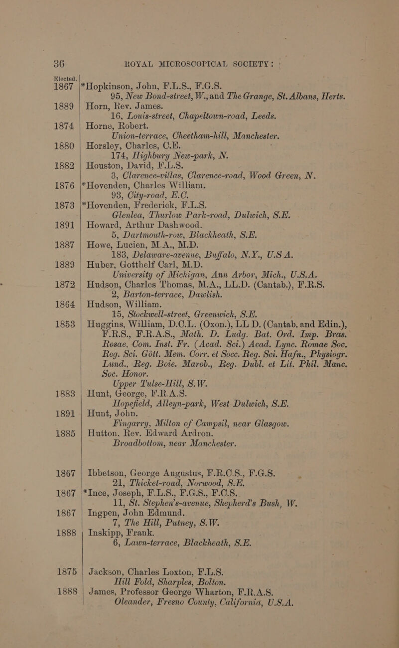 1867 1889 1874 1880 1882 1876 1873 189f 1887 1889 1872 1864 1853 1883 1891 1885 1867 1867 1867 1888 1875 1888 *Hopkinson, John, F.L.S., F.G.S. 95, New Bond-street, W.,and The Grange, St. Albans, Herts. Horn, Rev. James. 16, Louis-streeit, Chapeltown-road, Leeds. Horne, Robert. Tnion- terrace, Cheetham-hill, Manchester. Horsley, Charles, G. E. 174, Highbury New-park, N. Houston, Davids F.LS. 3, Clarence-villas, Clarence-road, Wood Green, N. *Hovenden, Charles William. 98, Crty-road, H.C. *Hovenden, Frederick, F.L.S. Glenlea, Thurlow Park-road, Dulwich, SLE. Howard, Arthur Dashwood. 5, Dartmouth-row, Blackheath, S.E. Howe, Lucien, M.A., M.D. 183, Delaware-avenue, Buffalo, N.Y., U.S A. Huber, Gotthelf Carl, M.D. University of Michigan, Ann Arbor, Mich., U.S.A. Hudson, Charles Thomas, M.A., LL.D. (Cantab.), F.R.S. 2, Barton-terrace, Dawlish. Hudson, William. 15, Stockwell-street, Greenwich, S.E. Huggins, William, D.C.L. (Oxon.), LLD. (Cantab. and Hdin.), E.B.S., FR. A S., Math. D. Ludg. Bat. Ord. Imp. Bras. Rosae, Com. Inst. Fr. (Acad. Sci.) Acad. Lync. Romae Soe. Reg. Sci. Gott. Mem. Corr. et Soce. Beg. Sci. Hafn., Physiogr. Lund., Reg. Bote. Marob., Reg. Dubl. et Lit. Phil. Mane. Soc. Honor. Upper Tulse-Hill, S.W. Hunt, George, F'.BR.A.S. Hopefield, Alleyn-park, West Dulwich, SE. Hunt, John. Fingarry, Milton of Campsil, near Glasgow. Hutton, Rev. Edward Ardron. Broadbottom, near Manchester. Ibbetson, George Augustus, F.R.C.S., F.G.S. 21, Thicket-road, Norwood, S.E. — 11, St. Stephen’s-avenue, Shepherd’s Bush, W. Ingpen, John Edmund. 7, The Hill, Putney, S.W. Inskipp, Frank. 6, Lawn-terrace, Blackheath, S.E. Jackson, Charles Loxton, F.L.S. Mill Fold, Sharples, Bolton. James, Professor George Wharton, F.R.A.S. Oleander, Fresno County, California, U.S.A.
