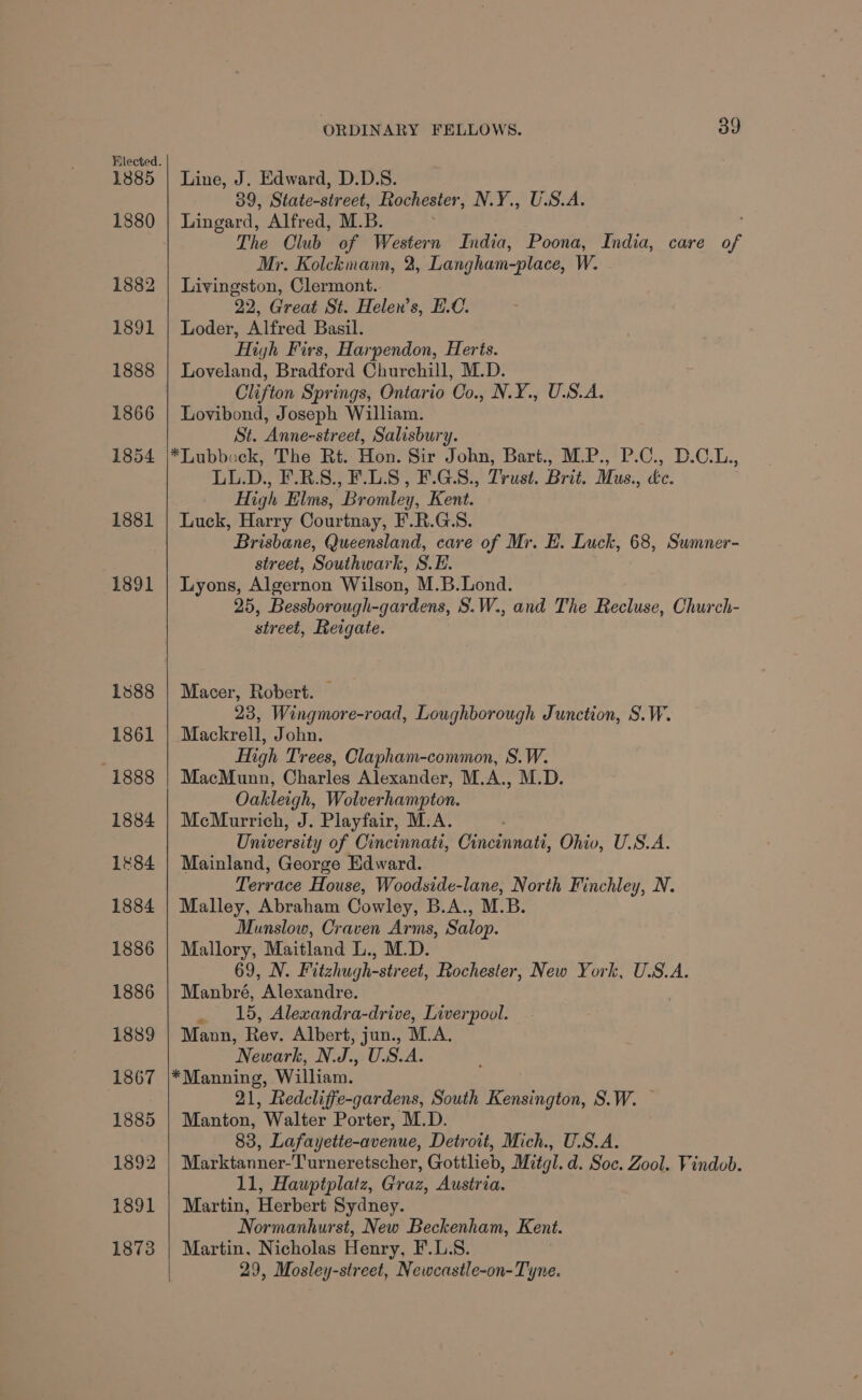 1885 1880 1882 1891 1888 1866 ORDINARY FELLOWS. 39 Line, J. Edward, D.D.S. 39, State-street, Rochester, N.Y., U.S.A. Lingard, Alfred, M.B. . The Club of Western India, Poona, India, care of Mr. Kolckmann, 2, Langham-place, W. Livingston, Clermont.. 22, Great St. Helen’s, H.C. Loder, Alfred Basil. High Firs, Harpendon, Herts. Loveland, Bradford Churchill, M.D. Clifton Springs, Ontario Co., N.Y., U.S.A. Lovibond, Joseph William. St. Anne-street, Salisbury. *Lubbock, The Rt. Hon. Sir John, Bart., M.P., P.C., D.C.L., LL.D., F.R.S., F.L.S, F.G.S8., Trust. Brit. Mus., cc. High Elms, Bromley, Kent. Luck, Harry Courtnay, F.R.G:S. Brisbane, Queensland, care of Mr. EH. Luck, 68, Sumner- street, Southwark, S.E. Lyons, Algernon Wilson, M.B.Lond. 25, Bessborough-gardens, S.W., and The Recluse, Church- street, Reigate. Macer, Robert. — 23, Wingmore-road, Loughborough Junction, S.W. Mackrell, John. High Trees, Clapham-common, S.W. MacMunn, Charles Alexander, M.A., M.D. Oakleigh, Wolverhampton. MeMurrich, J. Playfair, M.A. University of Cincinnati, Cincinnati, Ohio, U.S.A. Mainland, George Edward. Terrace House, Woodside-lane, North Finchley, N. Malley, Abraham Cowley, B.A., M.B. Munslow, Craven Arms, Salop. Mallory, Maitland L., M.D. 69, N. Fitzhug yh-street, Rochester, New York, U.S.A. Manbré, Alexandre. 15, Alexandra-drive, Liverpool. Mann, Rev. Albert, jun., M.A. Newark, N. ra U.S.A. *Manning, William. 21, Redcliffe-gardens, South Kensington, S.W. — Manton, Walter Porter, M.D. 83, Lafayette-avenue, Detroit, Mich., U.S.A. Marktanner-Turneretscher, Gottlieb, Mitgl. d. Soc. Zool. Vindob. 11, Hauptplatz, Graz, Austria. Martin, Herbert Sydney. Normanhurst, New Beckenham, Kent. Martin. Nicholas Henry, F.LS. 29, Mosley-street, Newcastle-on-Tyne.