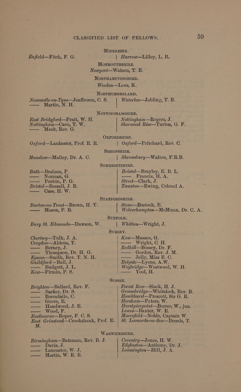 MIDDLESEX. Enfield—Fitch, F. G. | Harrow—Lilley, L. B. MoNMOUTHSHIRE. Newport—Watson, T. E. NorRTHAMPTONSHIRE. Weedon—Lees, K. NorTHUMBERLAND. . Newcastle-on-Tyne—Jeaffreson, ©. 8. Waterloo—Jobling, T. H. Martin, N. H. NovTrinGHAMSHIRE. Nottingham—Rogers, J. Sherwood Rise—Turton, G. F. East Bridgford—Pratt, W. H. Nottingham—Cave, T. W. Meek, Rev. G. OXFORDSHIRE. Oxford—Lankester, Prof. E. R. | Oxford—Pritchard, Rev. C. SHROPSHIRE. Munslow—Malley, Dr. A. C. | Shrewsbury—Walton, F.R.B. SOMERSETSHIRE. Bath—Brahan, P. Bristol—Brayley, E. B. L. —— Norman, G. Francis, H. A. Pochin, P. G. | Street—Clark, J. Bristol—Bessell, J. B. | Taunton—Ewing, Colonel A. Case, H. W. STAFFORDSHIRE. Burton-on- Trent—Brown, H. T. Stone—Bostock, E. Mason, P. B. Wolverhampton—McMunn, Dr. C, A. SUFFOLK. Bury St. Edmunds—Dawson, W. | Whitton—Wright, J. SURREY. Chertsey—Tulk, J. A. Kew—Massee, G. Croydon—Aldous, T. Wright, C. H. Berney, J. Redhill—Bossey, Dr. F. Thompson, Dr. H. G. Epsom—Smith, Rev. T. N. H. Gordon, Rev. J. M. Jelly, Miss E. C. Guildford—Ball, J. Reigate—Lyons, A.W. Budgett, J. L. Weybridge—Westwood, W. H. Kew—Firmin, P. 8. Yool, H. SUSSEX. Brighton—Ballard, Rev. F. Forest Row—Slack, H. J. Barker, Dr. 8. Groombridge—Whitelock, Rev. B. — Borradaile, C. Hawkhurst—Prescott, Sir G. R. — Grove, E. Horsham—Peters, W. — Haselwood, J. E. Hurstpierpoint—Borrer, W., jun. Wood, F. Lewes—Baxter, W. HE. Eastbourne—Roper, F. C. 8. Mares field—Noble, Captain W. East Grinstead—Crookshank, Prof. E. | St. Leonards-on-Sea—Breeds, T. M. WARWICKSHIRE. Birmingham—Bateman, Rev. B. J. Coventry—Jones, H. W. Davis, J. Edgbaston—Anthony, Dr. J. — Lancaster, W. J. Leamington—Hill, J. A. — Martin, W. E. R. |