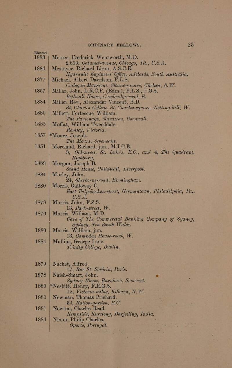 1883 1884 1877 1857 1884 1880 1883 1857 1851 1883 1884 1880 1878 1876 1884 1879 1878 1880 1880 1881 1884 ORDINARY FELLOWS. 23 Mercer, Frederick Wentworth, M.D. 2,600, Calumet-avenue, Chicago, Ill., U.S.A. Mestayer, Richard Liron, A.S.C.E. Hydraulic Engineers’ Office, Adelaide, South Australia. Michael, Albert Davidson, F.L.S. Cadogan Mansions, Sloane-square, Chelsea, S.W. Millar, John, L.R.C.P. (Edin.), F.L.8., F.GS. Bethnall House, Cambridge-road, E. Miller, Rev., Alexander Vincent, B.D. St. Charles College, St. Charles-square, Notting-lill, W. Millett, Fortescue William. The Parsonage, Marazon, Cornwall. Moffat, William T'weeddale. Romsey, Victoria. *Moore, Joseph. The Mount, Sevenoaks. Moreland, Richard, jun., M.I.C.E. 3, Old-street, St. Lukes, E.C., and 4, The Quadrant, Highbury. Morgan, Joseph B. Stand House, Childwall, Liverpool. Morley, John. 24, Sherborne-road, Birmingham. Morris, Galloway C. East Tulpohocken-street, Germantown, Philadelphia, Pa., U.S.A. Morris, John, F.Z.S. 13, Park-strect, W. Morris, William, M.D. . Care of The Commercial Banking Company of hs Y, Sydney, New South Wales. Morris, William, jun. 13, Campden House-road, W. Mullins, George Lane. Trinaty College, Dublin. 17, Rue St. Sévérin, Paris. Naish-Smart, John. ® Sydney House, Burnham, Somerset. *Nesbitt, Henry, F.R.G.S. 12, Victoria-villas, Kilburn, N.W. Newman, Thomas Prichard. 54, Hatton-garden, H.C. Newton, Charles Read. Kempside, Kurswng, DaeOeE Indian Nixon, Philip Charles. Oporto, Portugal.