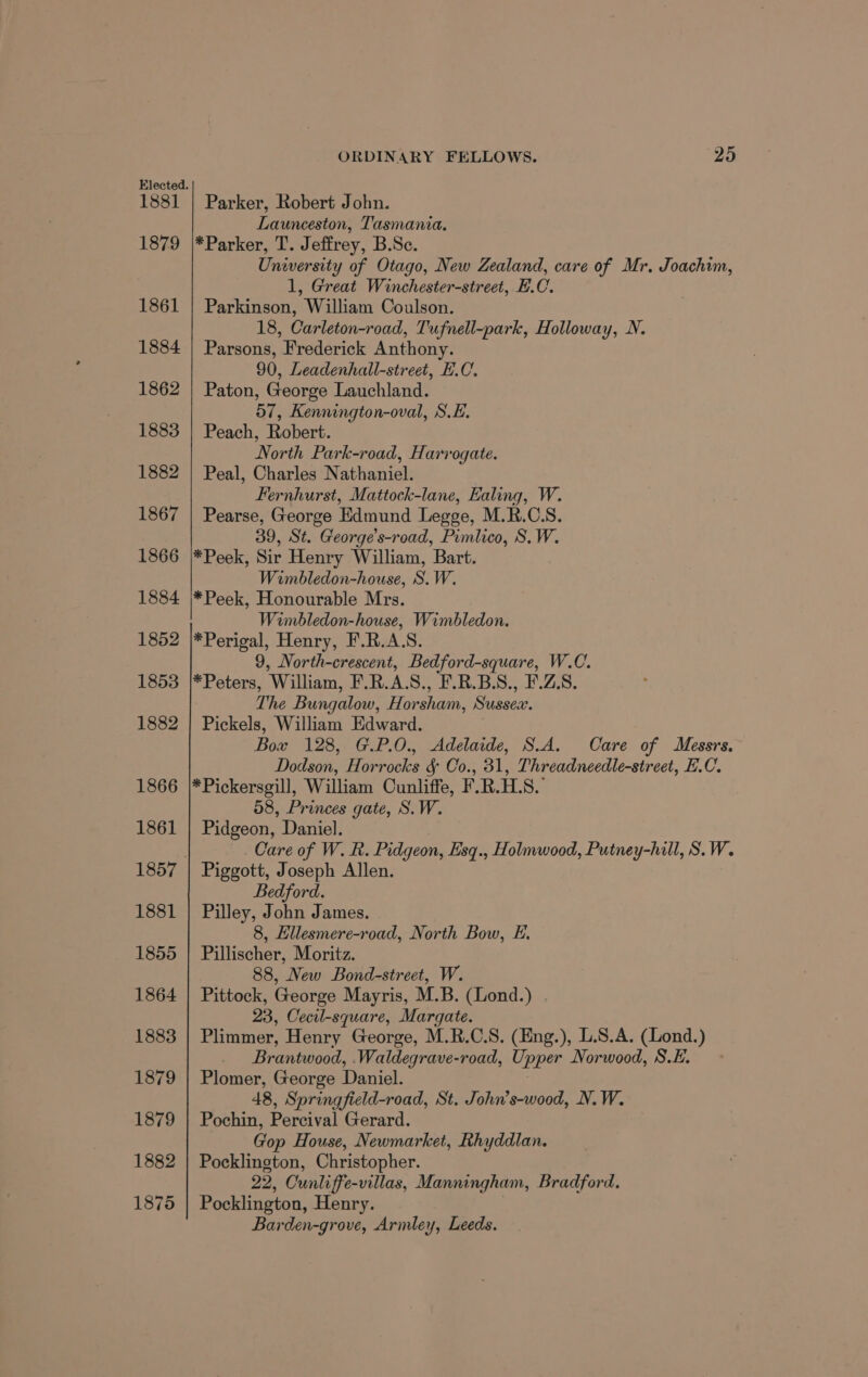 1881 1879 1861 1884 1862 1883 1882 1867 1866 1884 1852 1853 1882 1866 1861 1881 1855 1864 1883 1879 1879 1882 1875 ORDINARY FELLOWS. 25 Parker, Robert John. Launceston, Tasmania. University of Otago, New Zealand, care of Mr. Joachim, 1, Great Winchester-street, E.C. Parkinson, William Coulson. 18, Carleton-road, Tufnell-park, Holloway, N. Parsons, Frederick Anthony. 90, Leadenhall-street, E.C. Paton, George Lauchland. 57, Kennington-oval, S.E. Peach, Robert. North Park-road, Harrogate. Peal, Charles Nathaniel. Fernhurst, Mattock-lane, Ealing, W. Pearse, George Edmund Legge, M.R.C.S. 39, St. George’s-road, Pimlico, S. W. Wimbledon-house, S.W. Wimbledon-house, Wimbledon. 9, North-crescent, Bedford-square, W.C. The Bungalow, Horsham, Sussex. Pickels, William Edward. Bow 128, G.P.O., Adelaide, S.A. Care of Messrs. Dodson, Horrocks &amp; Co., 31, Threadneedle-street, E.C. 58, Princes gate, S.W. Pidgeon, Daniel. Care of W. R. Pidgeon, Esq., Holmwood, Putney-hill, S.W. Piggott, Joseph Allen. Bedford. Pilley, John James. 8, Ellesmere-road, North Bow, E. Pillischer, Moritz. 88, New Bond-street, W. Pittock, George Mayris, M.B. (Lond.) . 23, Cecil-square, Margate. Plimmer, Henry George, M.R.C.S. (Eng.), L.S.A. (Lond.) Brantwood, .Waldegrave-road, Upper Norwood, S.E. Plomer, George Daniel. 48, Springfield-road, St. John’s-wood, N.W. Pochin, Percival Gerard. Gop House, Newmarket, Rhyddlan. Pocklington, Christopher. 22, Cunliffe-villas, Manningham, Bradford. Pocklington, Henry. Barden-grove, Armley, Leeds.