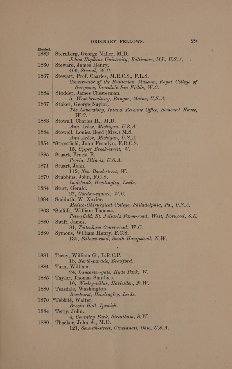 1882 1860 1867 1884 1867 1883 1884 1854 1885 1871 1879 1884 1884 1863 1880 1880 1881 1884 1885 1880 1870 1884 1880 ORDINARY FELLOWS. 29 Sternberg, George Miller, M.D. Johns Hopkins University, Baltimore, Md., U.S.A. Steward, James Henry. 406, Strand, W.C. Stewart, Prof. Charles, M.R.C.S., F.L.S. Conservator of the Huntertan Museum, Royal College of Surgeons, Lincoln’s Inn Fields, W. C. Stodder, James Chesterman. 5, West-broadway, Bangor, Maine, U.S.A. Stoker, George Naylor. The Laboratory, Inland Revenue Office, Somerset House, W.C. Stowell, Charles ae M.D. Ann Arbor, Michigan, USA. Stowell, Louisa Reed (Mrs.) M.S. Ann Arbor, Michigan, U.S.A. *Streatfield, John Fremlyn, F,R.C.S. 15, Upper Brook-street, W. Stuart, Ernest B. Peoria, Illinois, U.S.A. Stuart, John. 112, New Bond-street, W. Stubbins, John, F.G.S. Inglebank, Headingley, Leeds. Sturt, Gerald. 27, Gordon-square, W.C. Sudduth, W. Xavier. Medico-Chirurgical College, Philadelphia, Pa., U.S.A. *Suffolk, William Thomas. Petersfield, St. Julian’s Farm-road, West, Norwood, S.E. Swift, James. 81, Tottenham Court-road, W.C. Symons, William Henry, F.C.S. 130, Fellows-road, South Hampstead, N.W. Tacey, William G., L.R.C.P. 18, North-parade, Bradford. Tarn, William. 94, Lancaster-gate, Hyde Park, W. Taylor, Thomas Smithies. 10, Wesley-villas, Harlesden, N.W. Teasdale, Washington. Rosehurst, Headingley, Leeds. *Tebbitt, Walter. Brooks Hall, Ipswich. Terry, John. 4, Coventry Park, Streatham, S.W. Thacker, John A., M. D. 121, Seventh atece?: Cincinnati, Ohio, U.S.A.