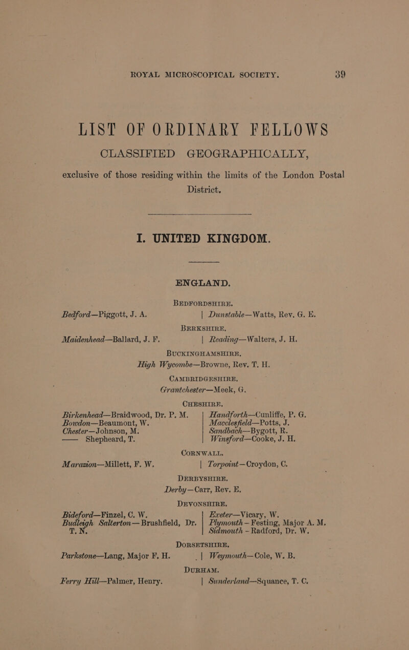 LIST OF ORDINARY FELLOWS CLASSIFIED GEOGRAPHICALLY, exclusive of those residing within the limits of the London Postal District. I. UNITED KINGDOM. ENGLAND. BEDFORDSHIRE. Bedford—Piggott, J. A. | Dunstable—Watts, Rev. G. E, BERKSHIRE. Maidenhead—Ballard, J. F. | Reading—Walters, J. H. BUCKINGHAMSHIRE. Tigh Wycombe—Browne, Rey. T. H. CAMBRIDGESHIRE. Grantchester—Meek, G. CHESHIRE, Birkenhead—Braidwood, Dr. P. M. pa A ase eas P20: Bowdon—Beaumont, W. Macclesfield—Potts, J. Chester—Johnson, M. Sandbach—Bygott, R. Shepheard, T. | Winsford—Cooke, J. H. CORNWALL, Marazon—Millett, F. W. | Torpoint—Croydon, C. DERBYSHIRE. Derby—Carr, Rev. E. DEVONSHIRE, Bideford—Finzel, C. W. Exeter—Vicary, W. Budleigh Salterton—Brushfield, Dr. | Plymouth—Festing, Major A. M. rN: Sidmouth —Radford, Dr. W. DORSETSHIRE. Parkstone—Lang, Major F, H. _| Weymouth—Cole, W. B. DURHAM, Ferry Hill—Palmer, Henry. | Sunderland—Squance, T. C.