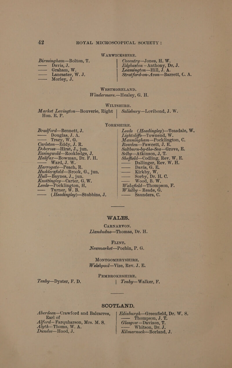 W ARWICKSHIRE. Birmingham—Bolton, T. Coventry—Jones, H. W. — Davis, J. Edgbaston — Anthony, Dr. J. — Graham, W. Leamington—Hill, J. A. — Lancaster, W. J. Strat ford-on-Avon—Barrett, ©. A. — Morley, J. WESTMORELAND. Windermere.—Healey, G. H. WILTSHIRE. Market Lavington—Bouverie, Right | Salisbury—Lovibond, J. W. Hon. EH, P. YORKSHIRE. Bradford—Bennett, J. Leeds (Headingley)—Teasdale, W. — Douglas, J. A. Lightcliffe—Townend, W. — Tracy, W.G. Manningham—Pocklington, C. Carleton—Eddy, J. R. Rowden—Faweett, J. E. Dobcross—Hirst, J., jun. Saltburn-by-the-Sea—Grove, E. Easingwold—Rookledge, J. Selby—Atkinson, J. T. Halifax—Bowman, Dy. F. H. Sheffield—Codling, Rev. W. E. —— Ward, J. W. Dallinger, Rey. W. H. Harrogate—Peach, R, — Davis, G. E. Huddersfield—Brook, G., jun. — Kirkby, W. Hull—Baynes, J., jun. — Sorby, Dr. H. C. Knottingley—Carter, G. W. —»~ Wood; BSW; Leeds—Pocklington, H. Wakefield—Thompson, F. —— Turner, W. B. W hitby — Reade, G. — (Headingley)—Stubbins, J. — Saunders, C. WALES. CARNARVON. Llandudno—Thomas, Dr. H. FLINT. Newmarket—Pochin, P. G. MONTGOMERYSHIRE. Welshpool—Vize, Rev. J. E. PEMBROKESHIRE, Tenby—Dyster, F. D. | ZLenby—Walker, F. SCOTLAND. Aberdeen—Crawford and Balearres, | Edinburgh—Greenfield, Dr. W. S. Earl of Thompson, J. T. Alford— Farquharson, Mrs. M. 8. Glasgow —Davison, T. Alyth—Thoms, W. A. —— Whitson, Dr. J. Dundee—Hood, J. Kilmarnock—Borland, J. -
