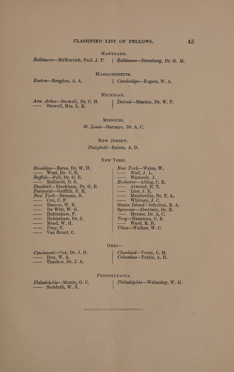 MARYLAND, Baltvmore—MeMurvich, Prof.J.P. | Baltimore— Sternberg, Dr. G. M. MASSACHUSETTS. Boston—Bragdon, A, A, | Cambridge—Rogers, W. A. MICHIGAN. Ann Arbor—Stowell, Dr. C. H. Detroiwt—Manton, Dr. W. P. — Stowell, Mrs. L. R. MISSOURI. St, Louis—Bernays, Dr. A, C. NEw JERSEY. Plainfield—Balem, A. D, New YorkE. Brooklyn—Bates, Dr. W. H. New York—Wales, W. —— West, Dr. C. E. Wall, J. L. Buffalo—Fell, Dr. G. E Warnock, J. — Kellicott, D.S. Rochester—Alling, C. E. Dunkirk —Blackham, Dr, G. E. —— Atwood, H. T. Fairpoint—Griffith, E. H. -—— line, J. E. New York—Braman, B. — Mandeville, Dr. F, A. Cox, Whitney, J.C. — Damon, W. E. Staten Island--Schultze, E. A. —. De Witt, W. G. Syracuse—Aberdein, Dr. R. —— Habirshaw, F. -—— Mercer, Dr. A. C. — Habirshaw, Dr. J. Troy—Hanaman, C. E. — Mead, W.H. Ward, R. H. —— Pray, T. Utica—Walker, W. C. —— Van Brunt, C. OHIO— Cleveland—Vorce, C. M. Columbus—Tuttle, A. H. Cincinnati—Cox, Dr. J. D. — — Dun, W.A. —— Thacker, Dr. J. A. PENNSYLVANIA, Philadelphia—Morris, G. C. | Philadelphia—Walmsley, W. H. —— Sudduth, W. X.