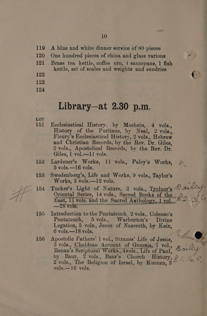 119 120 121 122 123 124 LOT 151 152 153 154 155 156 10 A blue and white dinner service of 80 pieces One hundred pieces of china and glass various ¥ 3 Brass tea kettle, coffee urn, 4 saucepans, 1 fish kettle, set of scales and weights and sundries Library—at 2.30 p.m. Kcclesiastical History, by Moshein, 4 vols., History of the Puritans, by Neal, 2 vols., Fleury’s Ecclesiastical History, 2 vols., Hebrew and Christian Records, by the Rev. Dr. Giles, 2 vols., Apostolical Records, by the Rev. Dr. Giles, 1 vol.—11 vols. Lardener’s Works, 11 vols., Paley’s Works, +4 5 vols.—16 vols. Swedenborg’s, Life and Works, 9 vols., Taylor’s Works, 3 vols.—12 vols. ae : Tucker’s Light of Nature, 2 vols., Trulner’s AB anki Oriental Series, 14 vols., Sacred Books of the 25 Se Kast, 11 vols. and the Sacred Anthology, 1 vol... ae h ?. IS vos” ne AN ASE A ORIEN ; Introduction to the Pentateuch, 2 vols., Colenso’s Pentateuch, 5 vols., Warburton’s Divine Legation, 5 vols., Jesus of Nazereth, by Kein, 6 vols.—18 vols. Apostolic Fathers’ 1 vol., Strauss’ Life of Jesus, 3 vols., Chaldean Account of Genesis, 1 vol., Renan’s Scriptural Works., 4vols., Life of Paul, by Baur, 2 vols., Baur’s Church History, £ / i, O 2 vols., The Religion of Israel, by Kuenen,3* ~ ~ ~ vols.—16 vols. ~ ad