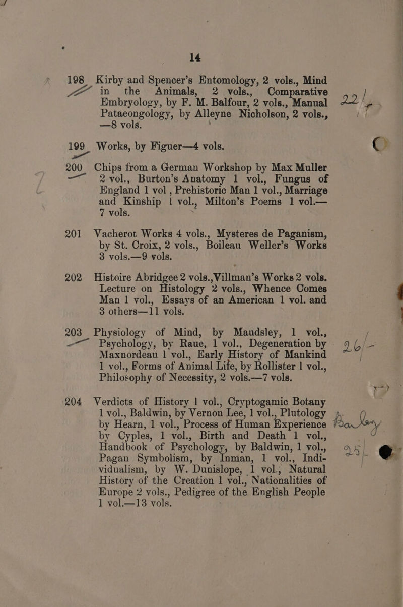 198 Kirby and Spencer’s Entomology, 2 vols., Mind in the Animals, 2 vols., Comparative Embryology, by F. M. Balfour, 2 vols., Manual renin by Alleyne Nicholson, 2 vols., —8 vols 199 Works, by Figuer—4 vols. pres 200 Chips from a German Workshop by Max Muller 2 vol., Burton’s Anatomy 1 vol., Fungus of Hngland 1 vol , Prehistoric Man 1 vol., Marriage and Kinship l vol., Milton’s Poems 1 vol.— 7 vols. 201 Vacherot Works 4 vols., Mysteres de Paganism, by St. Croix, 2 vols., Boileau Weller’s Works 3 vols.—9 vols. 202 Histoire Abridgee 2 vols.,Villman’s Works 2 vols. Lecture on Histology 2 vols., Whence Comes Man 1 vol., Essays of an American 1 vol. and 3 others—11 vols. 203 Physiology of Mind, by Maudsley, 1 vol., Maxnordeau 1 vol., Early History of Mankind 1 vol., Forms of Animal Life, by Rollister | vol., Philosophy of Necessity, 2 vols.—7 vols. 204 Verdicts of History | vol., Cryptogamic Botany 1 vol., Baldwin, by Vernon Lee, 1 vol., Plutology by Hearn, 1 vol., Process of Human Experience by Cyples, 1 vol., Birth and Death 1 vol., Handbook of Psychology, by Baldwin, 1 vol., Pagan Symbolism, by Inman, 1 vol., Indi- vidualism, by W. Dunislope, 1 vol., Natural History of the Creation 1 vol., Nationalities of Europe 2 vols., Pedigree of the English People 1 vol.—13 vols.
