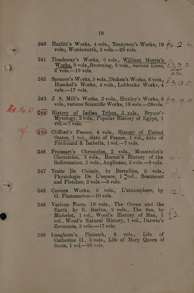 240 Hazlitt’s Works, 4 vols., Tennyson’s Works, 19 fy... pire vols:, Wordsworth, 5 vols.—28 vols. 241 Thackeray’s Works, 6 vols., William _Morris’s / Works, 8 vols.,Browning, 3 vols., various Lives, #.3,2, 0 2 vols.—19 vols. Gar. 242 Spencer’s Works, 5 vols.,Dicken’s Works, 6 vols., f) Haeckel’s Works, 4 vols., Lubbocks Works, 4 rs ah vols.—17 vols. 243 J. S. Mill’s Works, 2 vols., Huxley’s Works, 8 24 G.O vols., various Scientific Works, 18 vols.—28vols. ~ of Indian Tribes, 3 vols., Bryant’s ytology, 3 vols., Popular History of Egypt, 1 @45) Clifford’s France, 4 vols., History of United, States, 1 vol., ditto of France, 1 vol., ditto of Ferdinand &amp; Tsabella, 1 vol.—7 vols. 246 Froissart’s Chronicles, 2 vols., Monstrelet’s Chronicles, 2 vols., Burnet’s History of the |G - Reformation, 2 vols., Anglicans, 2 vols.—8 vols. 247 Traite De Chimie, by Berzelius, 5 vols., Physiologie De L’espece, 1 Zvol., Beaumont pe and Fletcher, 2 vols.—8 vols. -248 Ouviers Works, 9 vols., L’atmosphere, by 2! G. Flammarion—10 vols. - 249 Various Poets, 10 vols., The Ocean and the Earth, by -E. Reclus, 2 vols., The Sea, by oe * Michelet, 1 vol., Wood’s History of Man, 1 » vol., Wood’s Natural History, 1 vol., Darwin’s Zoonomia, 2 vols.—17 vols. 250 Langhorn’s, Plutarch, 6 vols., - Life of Oatherine II., 3 vols., Life of Mary Queen of Scots, 1 vol.—10 vols.