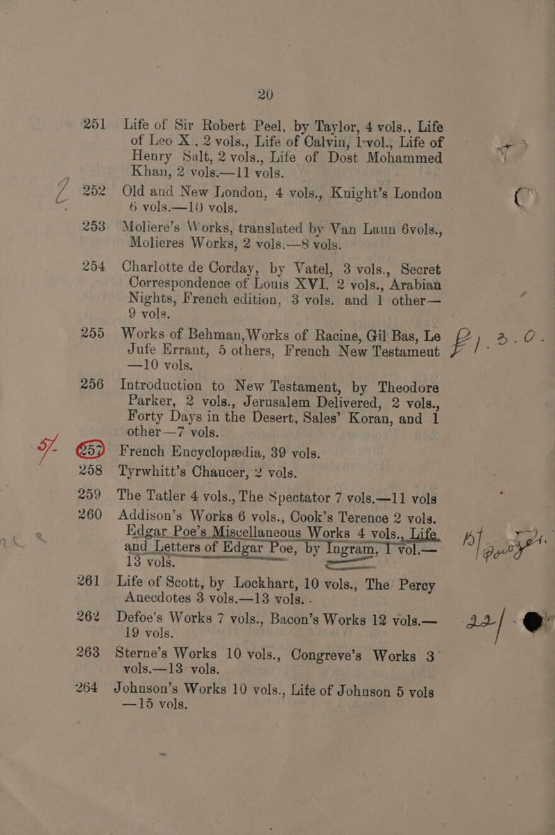 201 Life of Sir Robert Peel, by Taylor, 4 vols., Life of Leo X., 2 vols., Life of Calvin, l-vol.; Life of Henry Salt, 2 vols., Life of Dost Mohammed Khan, 2 vols.—11 vols. 6 vols.—10 vols. Moliere’s Works, translated by Van Laun 6vols., Molieres Works, 2 vols.—8 vols. Charlotte de Corday, by Vatel, 3 vols., Secret Correspondence of Louis XVI. 2 vols., Arabian Nights, French edition, 3 vols. and 1 other— 9 vols. Works of Behman, Works of Racine, Gil Bas, Le Jufe Hrrant, 5 others, French New Testameut —10 vols. | Introduction to New Testament, by Theodore Parker, 2 vols., Jerusalem Delivered, 2 vols., Forty Days in the Desert, Sales’ Koran, and 1 other —7 vols. Tyrwhitt’s Chaucer, 2 vols. The Tatler 4 vols., The Spectator 7 vols.—11 vols Addison’s Works 6 vols., Cook’s Terence 2 vols. Edgar Poe’s Miscellaneous Works SOR ile. and Letters of Edgar Poe, by Ingram, T-vol.— L3: Vola e ox —— | Life of Scott, by Lockhart, 10 vols., The Perey Anecdotes 3 vols.—13 vols. - Defoe’s Works 7 vols., Bacon’s Works 12 vols.— 19 vols. Sterne’s Works 10 vols., Congreve’s Works 3° vols.—13 vols. —15 vols.