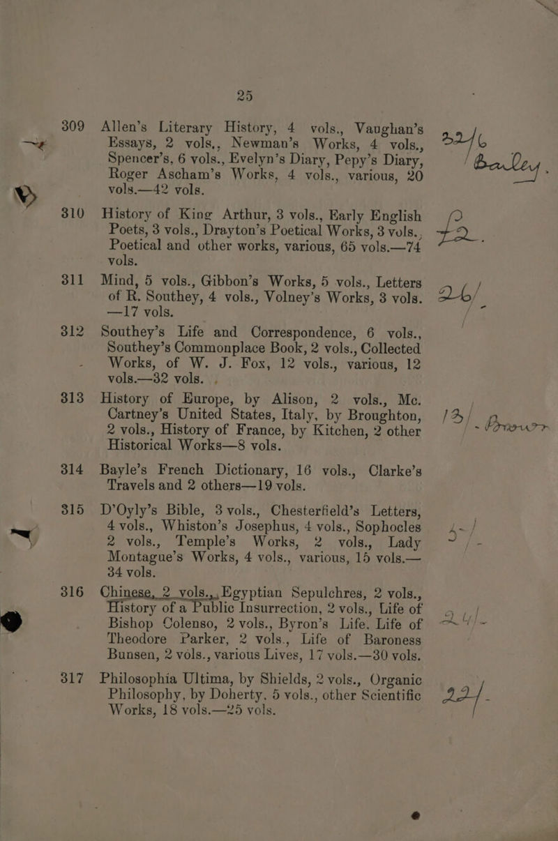 ~e 309 310 313 314 315 316 317 25 Allen’s Literary History, 4 vols., Vaughan’s Essays, 2 vols,, Newman’s Works, 4 vols., Spencer’s, 6 vols., Evelyn’s Diary, Pepy’s Diary, Roger Ascham’s Works, 4 vols., various, 20 vols.—42 vols. History of King Arthur, 3 vols., Early English Poets, 3 vols., Drayton’s Poetical Works, 3 vols. , Poetical and other works, various, 65 vols.—74 vols. Mind, 5 vols., Gibbon’s Works, 5 vols., Letters of R. Southey, 4 vols., Volney’s Works, 3 vols. —17 vols. Southey’s Life and Correspondence, 6 vols., Southey’s Commonplace Book, 2 vols., Collected Works, of W. J. Fox, 12 vols., various, 12 vols.—32 vols. . History of Hurope, by Alison, 2 vols., Me. Cartney’s United States, Italy, by Broughton, 2 vols., History of France, by Kitchen, 2 other Historical Works—8 vols. Bayle’s French Dictionary, 16 vols., Clarke’s Travels and 2 others—19 vols. D’Oyly’s Bible, 3 vols., Chesterfield’s Letters, 4 vols., Whiston’s Josephus, 4 vols., Sophocles 2 vols., Temple’s Works, 2 vols., Lady Montague’s Works, 4 vols., various, 15 vols.— 34 vols. Chinese, 2 vols.,, Egyptian Sepulchres, 2 vols., History of a Public Insurrection, 2 vols., Life of Bishop Colenso, 2 vols., Byron’s Life. Life of Theodore Parker, 2 vols. Life of Baroness Bunsen, 2 vols., various Lives, 17 vols.—30 vols. Philosophia Ultima, by Shields, 2 vols., Organic Philosophy, by Doherty, 5 vols., other Scientific Works, 18 vols.—25 vols. bA4(, / ony, a . / fost Lf | ~