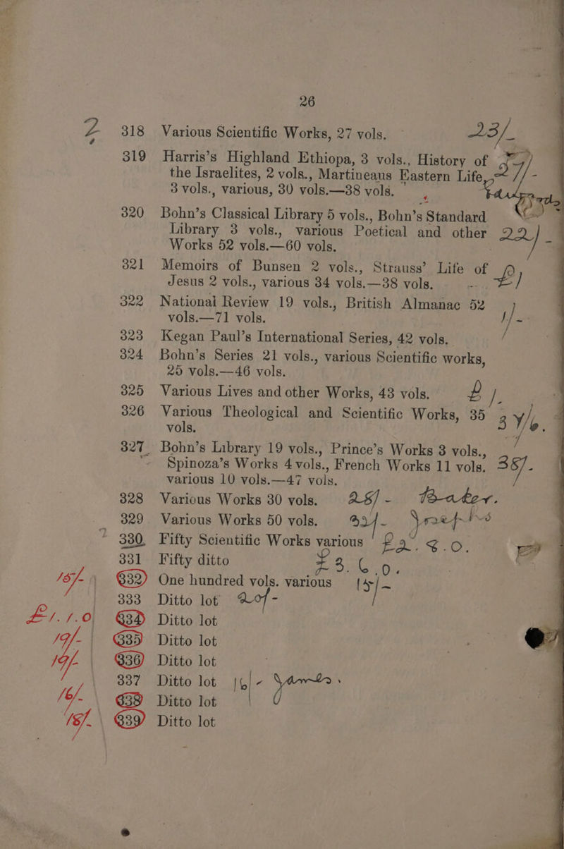 318 319 333 3 $39) 26 Various Scientific Works, 27 vols. — 23/ Harris’s Highland Ethiopa, 3 vols., History of 37) the Israelites, 2 vols., Martineaus Eastern Life “d 3 vols., various, 30 vols.—88 vols. 5 Fai Ga, Bohn’s Classical Library 5 vols. , Bohn’s Standard a Library 3 vols., various Poetical and other Lol} = Works 52 vols.—60 vols. : | Memoirs of Bunsen 2 vols., Strauss’ Life aes Jesus 2 vols., various 34 vols.—38 vols. Ss i) Nationai Review 19 vols., British Almanac 52 vols.—71 vols. | 1] : Kegan Paul’s International Series, 42 vols. : Bohn’s Series 21 vols., various Scientific works, 20 vols.—46 vols. Various Lives and other Works, 43 vols. L : Various Theological and Scientific Works, 35 3 Y/, 4 vols. ee ae Spinoza’s Works 4 vols., French Works 11 vols. ay - = various 10 vols.—47 vols. | Various Works 80 vols. 28] - ater Fifty Scientific Works various £ a. bl «> Bai Fifty ditto ia Ds One hundred vols. various Pi Ditto lot 07 - Ditto lot } Ditto lot Ditto lot Ditto lot || - ye ea Ditto lot |
