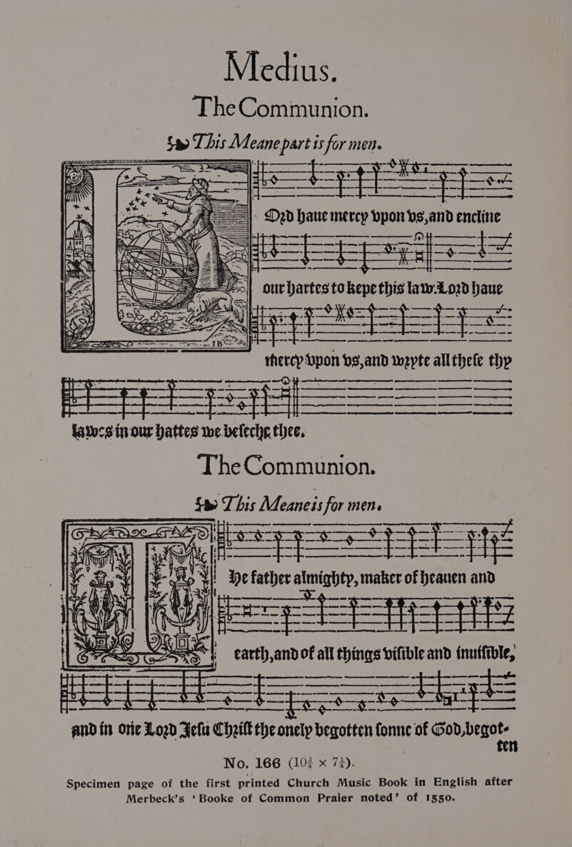 Medius. ‘TheCommunion. Sa Lbis Meane part is for men. ae — — ea ~ = | pi baue bal ypon =e nate ers wee Sy SS ES 7 Uae ieee law:1o2d haue 27, ee rhercy {pon v3, and wayte allthele thp a ee ee Ee ee lavors inour hattes we beteche thee, ‘The Communion. S$ This Meaneis for men. Geen EO EE = =f =e S; fe 7 : if Sl De Samer i and CN | Ronee sof all all cane and tn ‘ ee ee ie ee, Se ee ie : i a as —. a a ss And i Orie Lod Feu Chel the onelp begotten fonne of God, ao | No. 166 (10: x 74 Specimen page of the first printed Church Music Book in English after Merbeck’s ‘Booke of Common Praier noted’ of 1550.