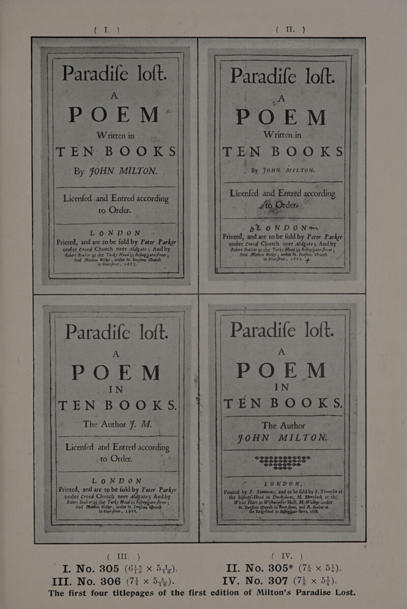 POEM: Wiitten i in TE N- BO O K S| By aren | : : By one MILTON. Penge, and are tobe fold by Poe vale under Creed ae neer Aldgate; Andby | ~ Rehert Boaleer av the Maia: Bead in Pibpleate ofireet 5 And Mouthio Webs, under St. Diyfons Church in seh, reds. - e and are £0 be fold by Pe Parker i de creed Church neer didgate, Andby — | Robert Beater ac the Tek: Hedin eee | And Moukia Wild . under St. Dunjlens Church in Beer fiee’, 16e3. * - ssc sasclca ides cerns emia mecnerermestereonnennse acetone eee ‘Paradife loft. Pp fo) E M TEN BOOKS| The Author HN MILTON. | iB : i |p O t M Bie IN TEN eee K S, The Author 7M. ee gcanennatet Lieatd ahd Entred. cae to. o Orde: ft (ollie >) OL Vee | I. No. 805 (633 x 5;'). II. No. 805* (73 x 53). III. No. 306 (73 x 5%). IV. No. 307 (73 x 53). The first four titlepages of the first edition of Milton’s Paradise Lost.