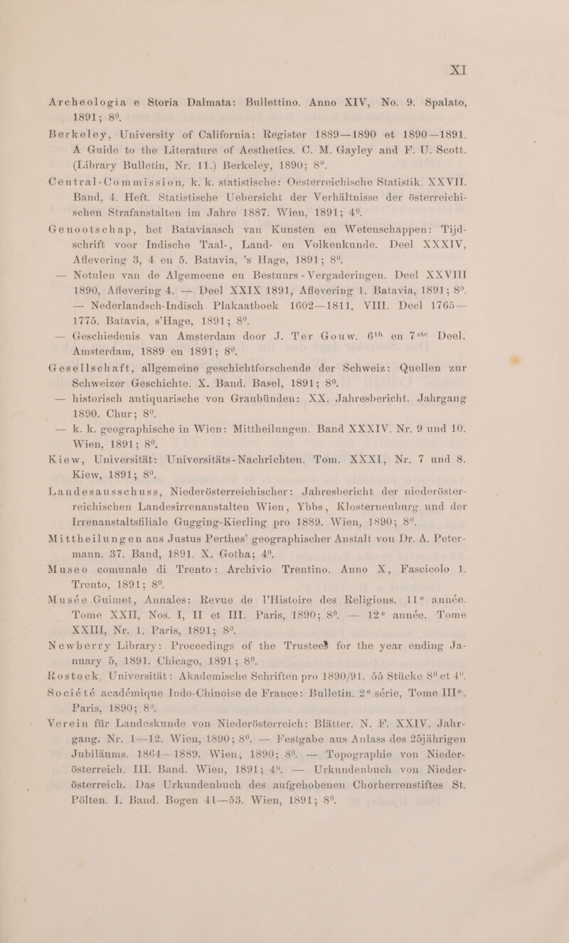 Archeologia e Storia Dalmata: Bullettino. Anno XIV, No. 9. Spalato, 1891; 89 Berkeley, University of California: Register 1889—1890 et 1890—1891. A Guide to the Literature of Aesthetics. C. M. Gayley and F. U. Scott. (Library Bulletin, Nr. 11.) Berkeley, 1890; 8°. Central-Commission, k. k. statistische: Oesterreichische Statistik. XX VII. Band, 4. Heft. Statistische Uebersicht der Verhiltnisse der dsterreichi- schen Strafanstalten im Jahre 1887. Wien, 1891; 4°. Genootschap, het Bataviaasch van Kunsten en Wetenschappen: Tijd- schrift voor Indische Taal-, Land- en Volkenkunde. Deel XXXIV, Aflevering 3, 4 en 5. Batavia, ’s Hage, 1891; 8°. — Notulen van de Algemeene en Bestuurs - Vergaderingen. Deel XXVIII 1890, Aflevering 4. — Deel XXIX 1891, Aflevering 1. Batavia, 1891; 8”. — Nederlandsch-Indisch Plakaatboek 1602—1811. VIII. Deel 1765— 1775. Batavia, s’Hage, 1891; 8°. — Geschiedenis van Amsterdam door J. Ter Gouw. 6 en 75 Deel. Amsterdam, 1889 en 1891; 8°. Gesellschaft, allgemeine geschichtforschende der Schweiz: Quellen zur Schweizer Geschichte. X. Band. Basel, 1891; 8°. — historisch antiquarische von Graubiinden: XX. Jahresbericht. Jahrgang 1890. Chur; 8°. . — k. k. geographische in Wien: Mittheilungen. Band XXXIV. Nr. 9 und 10. Wien, 1891; 8°. Kiew, Universitit: Universitits-Nachrichten. Tom. XXXI, Nr. 7 und 8. Kiew, 1891; 8°. Landesausschuss, Niederésterreichischer: Jahresbericht der niederdster- reichischen Landesirrenanstalten Wien, Ybbs, Klosterneuburg und der Trrenanstaltsfiliale Gugging-Kierling pro 1889. Wien, 1890; 8°. . Mittheilungen aus Justus Perthes’ geographischer Anstalt von Dr. A. Peter- mann. 37. Band, 1891. X. Gotha; 4°, Museo comunale di Trento: Archivio Trentino. Anno X, Fascicolo 1. Trento, 1891; 8°. Musée Guimet, Annales: Revue de l’Histoire des Religions. 11° année. Tome XXII, Nos. I, II et III. Paris, 1890; 8°. — 12° année. Tome SRL New dt) Baris, 1801 o.38 Newberry Library: Proceedings of the Trustee’ for the year ending Ja- nuary 5, 1891. Chicago, 1891; 8°. Rostock, Universitat: Akademische Schriften pro 1890/91. 55 Stiicke 8° et 4. Société académique Indo-Chinoise de France: Bulletin. 2¢ série, Tome HI°. Paris, 189034 8°: Verein fiir Landeskunde von Niederisterreich: Blitter. N. F. XXIV. Jahr- gang. Nr. 1-12. Wien, 1890; 8°. — Festgabe aus Anlass des 25jihrigen Jubilaums, 1864—1889. Wien, 1890; 3°. — Topographie von Nieder- ésterreich. III. Band. Wien, 1891; 4° — Urkundenbuch von Nieder- dsterreich. Das Urkundenbuch des aufgehobenen Chorherrenstiftes St. Pélten. I. Band. Bogen 41—53. Wien, 1891; 8°.