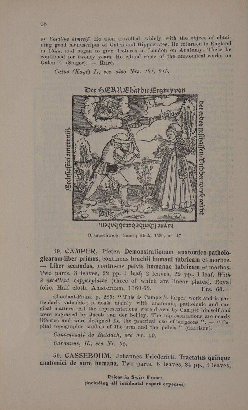 of Vesalius himself. He then travelled widely with the object of obtai- ning good manuscripts of Galen and Hippocrates. He returned to England in 1544, and began to give lectures in London on Anatomy. These he continued for twenty years. He edited some of the anatomical works on Galen ’’. (Singer). — Rare. Caius (Kaye) I., see also Nrs. 121, 215. ct SERRE hat die Lreney vorr iclamerrviti. Lcclefialt Joucrdrcnaagqug/uadiv@piusqa 2a *Hdgvg quava aquagp| audvg Braunschweig, Hausapothek, 1539, nr. 47. 49. CAMPER, Pieter. Demonstrationum anatomico-patholo- gicarum-liber primus, continens brachii humani fabricam et morbos. — Liber secundus, continens pelvis humanae fabricam et morbos. Two parts. 3 leaves, 22 pp. 1 leaf; 2 leaves, 22 pp., 1 leaf. With 8 excellent copperplates (three of which are linear plates). Royal folio. Half cloth. Amsterdam, 1760-62. Frs. 60.— Choulant-Frank p. 285: ‘‘ This is Camper’s larger work and is par- ticularly valuable; it deals mainly with anatomic, pathologic and sur- gical matters. All the representations were drawn by Camper himself and were engraved by Jacob van der Schley. The representations are nearly life-size and were designed for the practical use of surgeons ’’, — ‘‘ Ca- pital topographic studies of the arm and the pelvis ” (Garrison). Canamusali de Baldach, see Nr. 59. Cardanus, H., see Nr. 95. 50. CASSEBOHM, Johannes Friederich. Tractatus quinque anatomici de aure humana. Two parts. 6 leaves, 84 pp., 3 leaves, Prices in Swiss Francs
