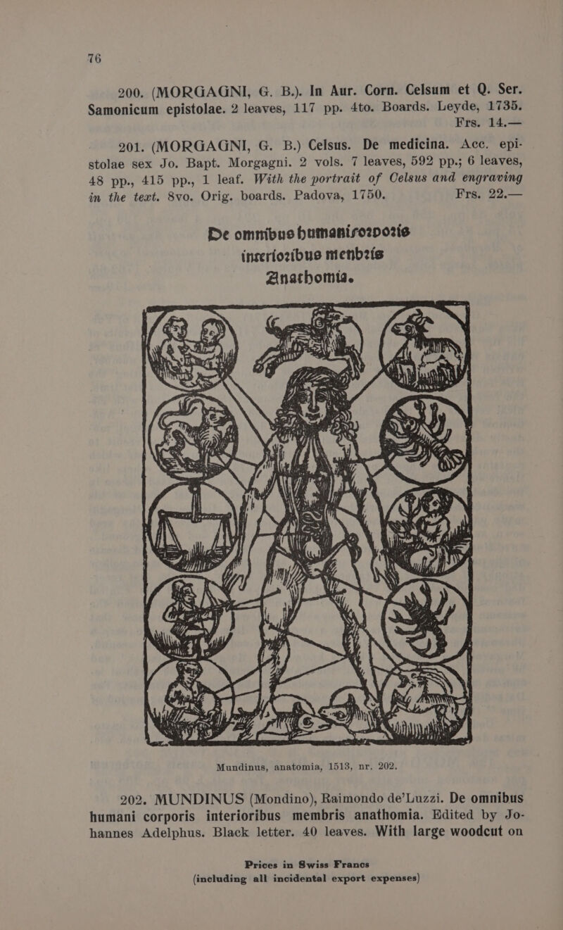 200. (MORGAGNI, G. B.). In Aur. Corn. Celsum et Q. Ser. Samonicum epistolae. 2 leaves, 117 pp. 4to. Boards. Leyde, 1735. Frs. 14.— 201. (MORGAGNI, G. B.) Celsus. De medicina. Acc. epi- stolae sex Jo. Bapt. Morgagni. 2 vols. 7 leaves, 592 pp.; 6 leaves, 48 pp., 415 pp., 1 leaf. With the portrait of Celsus and engraving in the text. 8vo. Orig. boards. Padova, 1750. Frs. 22.— De omnibus bumaniro2pozis inseriozibus menbets Anathomta. ba y Mundinus, anatomia, 1513, nr. 202. 202. MUNDINUS (Mondino), Raimondo de’Luzzi. De omnibus humani corporis interioribus membris anathomia. Edited by Jo- hannes Adelphus. Black letter. 40 leaves. With large woodcut on Prices in Swiss Francs