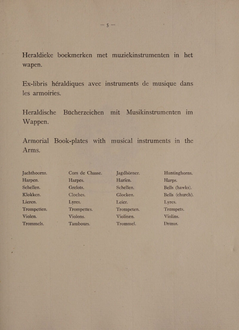 -wapen. Ex-libris héraldiques avec instruments de musique dans les armoiries. Heraldische Bticherzeichen mit Musikinstrumenten im Wappen. Armorial Book-plates with musical instruments in the Arms. Jachthoorns. Cors de Chasse. Jagdhorner. Huntinghorns, Harpen. Harpes. Harfen. _ Harps. Schellen. Grelots. Schellen. Bells (hawks). Klokken. Cloches. Glocken. Bells (church). ‘Lieren. Lyres. Leier. Lyres. Trompetten. Trompettes. Trompeten. Trumpets. Violen. Violons. Violinen. Violins. Trommels. Tambours. Trommel, Drums.