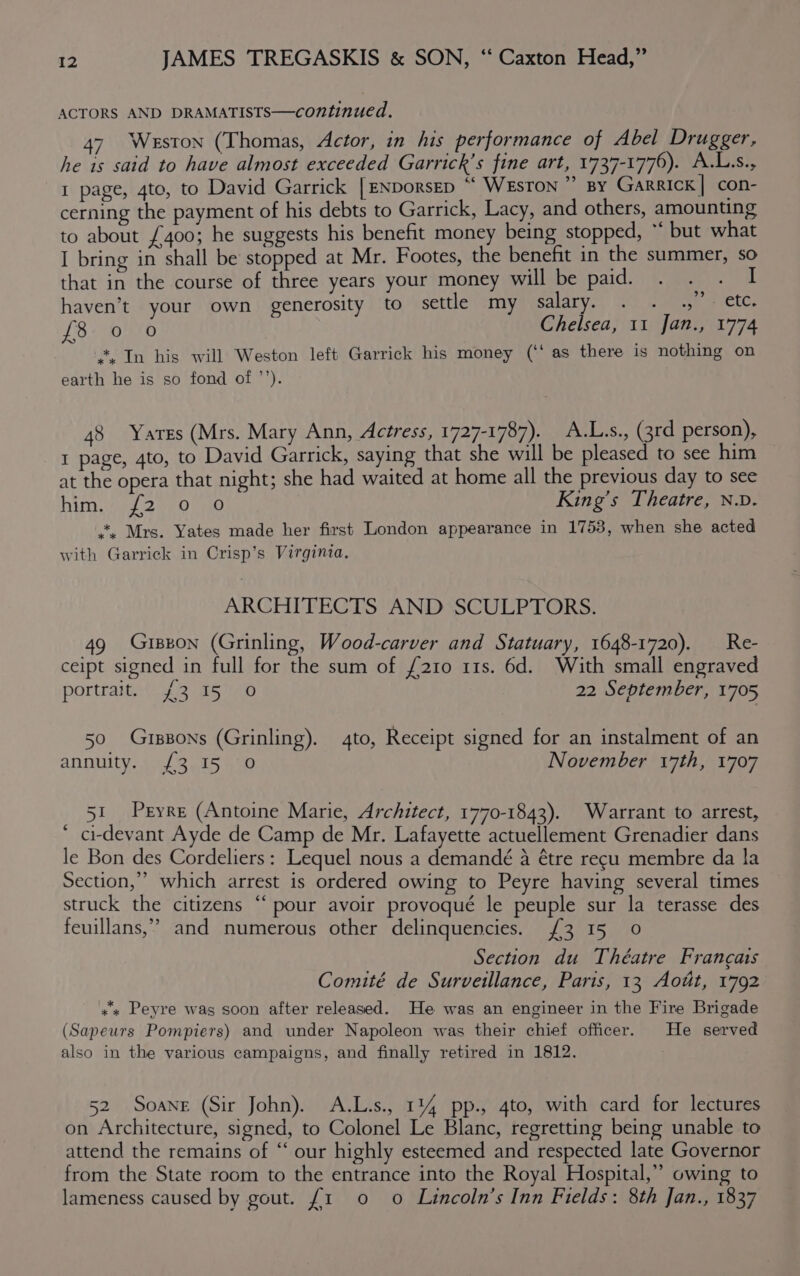 ACTORS AND DRAMATISTS—continued. 47 Weston (Thomas, Actor, in his performance of Abel Drugger, he 1s said to have almost exceeded Garrick’s fine art, 1737-1776). A.L.s., I page, 4to, to David Garrick [ENDoRsED “ WESTON ”’ By Garrick | con- cerning the payment of his debts to Garrick, Lacy, and others, amounting to about £400; he suggests his benefit money being stopped, “ but what I bring in shall be stopped at Mr. Footes, the benefit in the summer, so that in the course of three years your money will be paid. . . . I haven’t your own generosity to settle my salary. . . .,” etc. {£8 0 0 Chelsea, 11 Jan., 1774 , In his will Weston left Garrick his money (‘‘ as there is nothing on earth he is so fond of ’’). 48 Yates (Mrs. Mary Ann, Actress, 1727-1787). A.L.s., (3rd person), I page, 4to, to David Garrick, saying that she will be pleased to see him at the opera that night; she had waited at home all the previous day to see him. 172 70140 King’s Theatre, N.D. . Mrs. Yates made her first London appearance in 1753, when she acted with Garrick in Crisp’s Virginia. ARCHITECTS AND SCULPTORS. 49 Grsson (Grinling, Wood-carver and Statuary, 1648-1720). Re- ceipt signed in full for the sum of {210 11s. 6d. With small engraved portrait. £3 15 0 22 September, 1705 50 Grspons (Grinling). 4to, Receipt signed for an instalment of an annuity. {3 15 0 November 17th, 1707 51 Pryre (Antoine Marie, Architect, 1770-1843). Warrant to arrest, ‘ ci-devant Ayde de Camp de Mr. Lafayette actuellement Grenadier dans le Bon des Cordeliers: Lequel nous a demandé a étre recu membre da la Section,” which arrest is ordered owing to Peyre having several times struck the citizens ‘‘ pour avoir provoqué le peuple sur la terasse des feuillans,”” and numerous other delinquencies. £3 15 0 Section du Théatre Francais Comité de Surveillance, Paris, 13 Aout, 1792 «s Peyre was soon after released. He was an engineer in the Fire Brigade (Sapeurs Pompiers) and under Napoleon was their chief officer. He served also in the various campaigns, and finally retired in 1812. 52 Soane (Sir John). A.L.s., 1144 pp., 4to, with card for lectures on Architecture, signed, to Colonel Le Blanc, regretting being unable to attend the remains of “‘ our highly esteemed and respected late Governor from the State room to the entrance into the Royal Hospital,” owing to lameness caused by gout. {1 0 0 Lincoln’s Inn Fields: 8th Jan., 1837