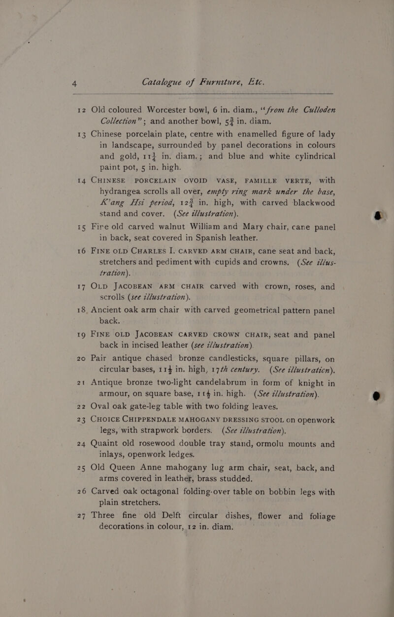 Catalogue of Furniture, Etc. 12 14 5 16 17 18 EQ 20 21 22 25 24 25 26 27 Old coloured Worcester bowl, 6 in. diam., ‘‘/rom the Culloden Collection” ; and another bowl, 5# in. diam. Chinese porcelain plate, centre with enamelled figure of lady in Jandscape, surrounded by panel decorations in colours and gold, 11} in. diam.; and blue and white cylindrical paint pot, 5 in. high. CHINESE PORCELAIN OVOID VASE, FAMILLE VERTE, with hydrangea scrolls all over, empty ring mark under the base, Kang Hsi period, 122 in. high, with carved -blackwood stand and cover. (See illustration). Fire old carved walnut William and Mary chair, cane panel in back, seat covered in Spanish leather. FINE OLD CHARLES I. CARVED ARM CHAIR, cane seat and back, stretchers and pediment with cupids and crowns, (See cd/us- tratton). O.p JACOBEAN ARM CHAIR carved with crown, roses, and scrolls (see 2//ustration). Ancient oak arm chair with carved geometrical pattern panel back. FINE OLD JACOBEAN CARVED CROWN CHAIR, seat and panel back in incised leather (see z//ustration). Pair antique chased bronze candlesticks, square pillars, on circular bases, 114 in. high, 172h century. (See tllustraticn). Antique bronze two-light candelabrum in form of knight in armour, on square base, 114 in. high. (See ¢//ustration). Oval oak gate-leg table with two folding leaves. CHOICE CHIPPENDALE MAHOGANY DRESSING STOOL on openwork legs, with strapwork borders. (See t//ustration). Quaint old rosewood double tray stand, ormolu mounts and inlays, openwork ledges. Old Queen Anne mahogany lug arm chair, seat, back, and arms covered in leather, brass studded. Carved oak octagonal folding-over table on bobbin legs with plain stretchers. Three fine old Delft circular dishes, flower and foliage