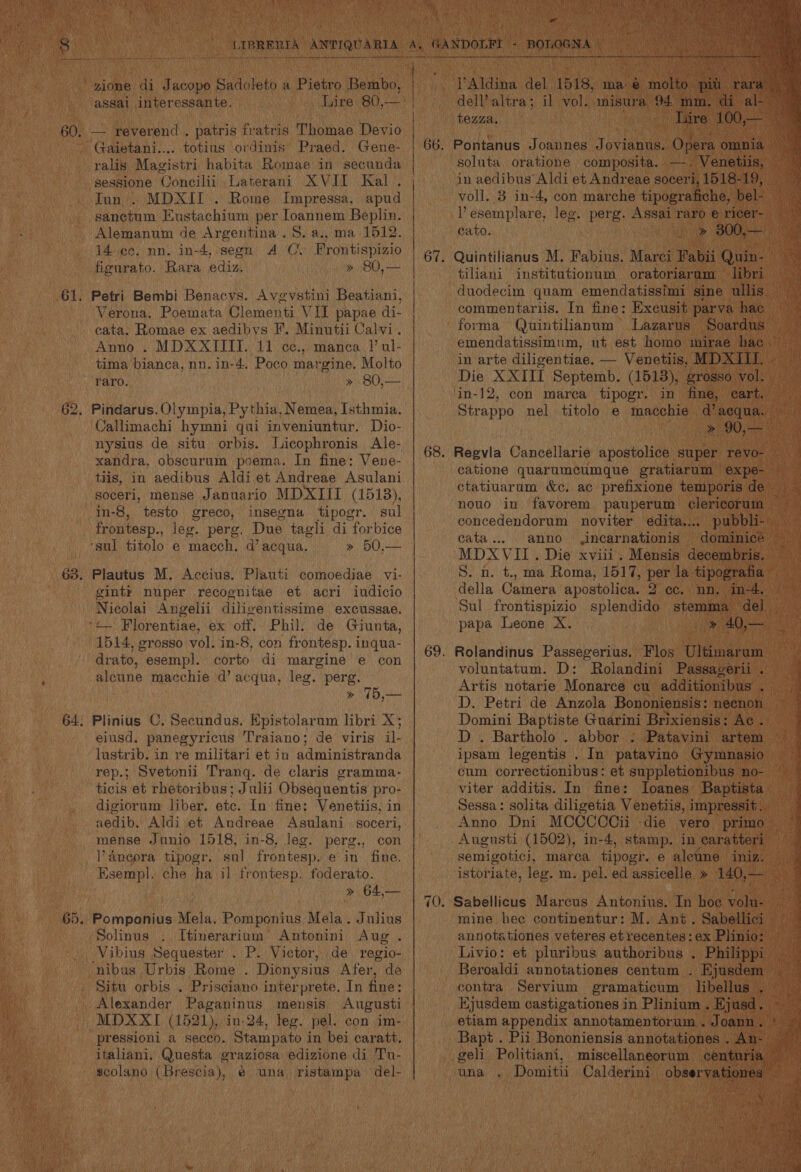 ESI ORSES A ER URS I AY OPS gt Oe -zione di Jacope Sadoleto a Pietro Bembo, assal interessante. — reverend . patris fratris Thomae Devio Gaietani.... totius ordinis Praed. Gene- ralis Magistri habita Romae in secunda | sessione Concilii Laterani XVII Kal . Jun. MDXIL . Rome Impressa, apud sanctum Eustachium per loannem Beplin. Alemanum de Argentina .S, a., ma 1512. 14. ec. nn. in-4, segn A O, Frontispizio figurato. Rara ediz. » 80,— 60. 61. Petri Bembi Benacvs. Avgvstini Beatiani, Verona. Poemata Clementi VIL papae di- cata. Romae ex aedibys F. Minutii Calvi. Anno . MDXXITIT. 11 cc., manca.!’ ul- tima bianca, nn. in-4. Poco margine. Molto raro, » 80,— 62. Pindarus. Olympia, Pythia, Nemea, Isthmia. Callimachi hymni qui inveniuntur. Dio- nysius de situ orbis. Jicophronis Ale- xandra, obscurum poema. In fine: Vene- tlis, in aedibus Aldi.et Andreae Asulani soceri, mense Januario MDXIII (1518), in-8, testo greco, insegna tipogr. sul frontesp., leg. perg, Due tagli di forbice ‘sul titolo e macch. d’acqua. » 50,— 63. Plautus M. Accius. Plauti comoediae vi- gint? nuper recognitae et acri iudicio Nicolai Angelii diliventissime excussae. *<~ Florentiae, ex off. Phil. de Giunta, 1514, grosso vol. in-8, con frontesp. inqua- drato, esemp]. corto di margine e con alcune macchie d’ acqua, leg. perg. » 75,— 64, Plinius C. Secundus. Epistolarum libri X; eiusd. panegyricus Traiano; de viris il- ‘lustrib. in re militari et in administranda rep.; Svetonii Tranq. de claris gramma- ticis et rhetoribus; Julii Obsequentis pro- digiorum liber. etc. In fine: Venetiis, in aedib. Aldi et Andreae Asulani. soceri, mense Junio 1518, in-8, leg. perg., con Ancora tipogr. sal frontesp. e in fine. Esempl. che ha il frontesp. foderato. » 64,— 65. Pomponius Mela. Pomponius Mela. Julius Solinus . Itinerarium Antonini Aug. _Vibius Sequester . P. Victor, de regio- ‘nibus Urbis Rome . Dionysius Afer, de _ Situ orbis . Prisciano interprete. In fine: Alexander Paganinus mensis Augusti MDXXI (1521), in-24, leg. pel. con im- pressioni a secco. Stampato in bei caratt. italiani, Questa graziosa edizione di Tu- scolano (Brescia), é@ una ristampa del- | _ pOTOeN: ye i dell’ altra aj i tezza, ‘ Pan soluta oratione composita. — Mba i in aedibus Aldi et Andreae soceri, 1518-19, voll. 3 in-4, con marche tipografiche, hel perg. Assai raro e ricer- Vesemplare, les. » 800,— cato. tiliani institutionum oratoriaram libri duodecim quam emendatissimi sine ullis. Me commentariis. In fine: Exeusit parva hae! % emendatissimum, ut est homo mirae hac, in arte diligentiae. — Venetiis, MDXIII.- Die XXIII Septemb, (1513), ‘grosso. Wols yea ‘in-12, con marca tipogr. in fine, cart. Strappo nel titolo e macchie d@acqua. | » 90,— catione quarumcumque gratiarum expe- ctatiuarum &amp;c, ac prefixione temporisde nouo in favorem pauperum clericorum — concedendorum noviter edita.... pubbli- cata... anno Jncarnationis dominicée MDX VII. Die xviii. Mensis decembris. — ® S. n. t., ma Roma, 1517, oe la. tipograia della Camera apostolica. 2 cc. nn, ie. Uo Sul frontispizio splendido stemma del * i papa Leone X. ies bt oe 8 Rolandinus Passegerius. Flos Ultimaran voluntatum. D: Rolandini Passagerii. chat Artis notarie Monarce cu additionibus . ae _ D. Petri de Anzola Bononiensis: necnon. | Domini Baptiste Guarini Brixiensis: Ac. | ey D . Bartholo . abbor - Patavini creer I) ipsam legentis . In patavino Gymnasio — cum correctionibus: et suppletionibus no- — © viter additis. In fine: Ioanes Bape | a Sessa: solita diligetia V enetiis, impressit . Anno Dni MCOCCCCii -die vero primo — Augusti (1502), in-4, stamp. in caratteri ng semigotici, marca tipogr. e alcune bert canes istoriate, leg. m. pel. ed assicelle » 140,— | ka an ak annotationes veteres et recentes: ex Plinio: | Livio: et pluribus authoribus . Philippi Beroaldi annotationes centum . Ejusdem vis contra Servium gramaticum libellus , HKjusdem castigationesin Plinium.Ejusd. etiam appendix annotamentorum . Joann. * mine hee continentur: M, Ant. Sabellici miscellaneorum ab Ba: :