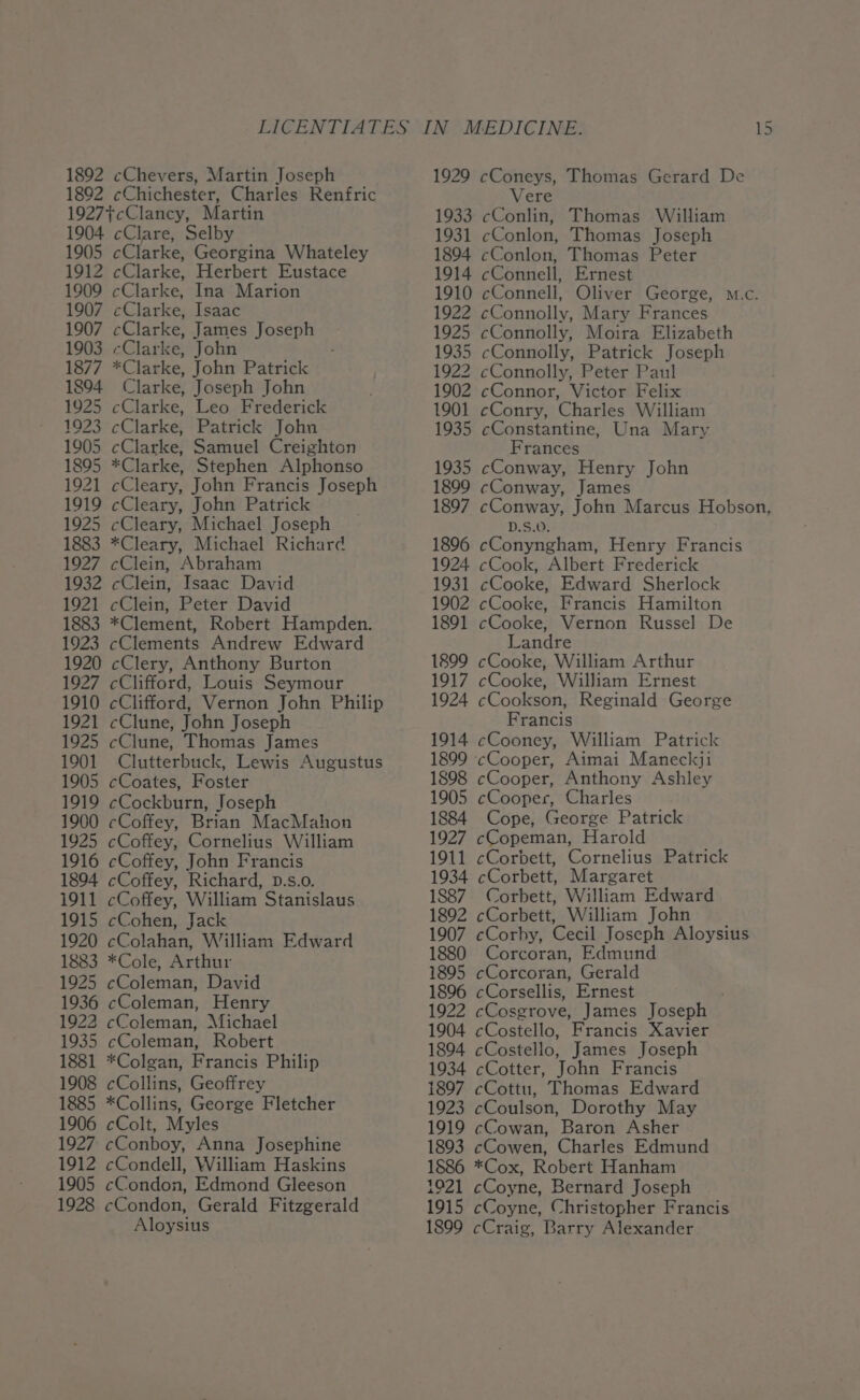 1892 cChichester, Charles Renfric 1927}cClancy, Martin 1904 cClare, Selby 1905 cClarke, Georgina Whateley 1912 cClarke, Herbert Eustace 1909 cClarke, Ina Marion 1907 cClarke, Isaac 1907 cClarke, James Joseph 1903 Clarke, John ; 1877 *Clarke, John Patrick 1894 Clarke, Joseph John 1925 cClarke, Leo Frederick 1923 cClarke, Patrick John 1905 cClarke, Samuel Creighton 1895 *Clarke, Stephen Alphonso 1921 cCleary, John Francis Joseph 1919 cCleary, John Patrick 1925 cCleary, Michael Joseph 1883 *Cleary, Michael Richard 1927 cClein, Abraham 1932 cClein, Isaac David 1921 cClein, Peter David 1883 *Clement, Robert Hampden. 1923 cClements Andrew Edward 1920 cClery, Anthony Burton 1927 cClifford, Louis Seymour 1910 cClifford, Vernon John Philip 1921 cClune, John Joseph 1925 cClune, Thomas James 1901 Clutterbuck, Lewis Augustus 1905 cCoates, Foster 1919 cCockburn, Joseph 1900 cCoffey, Brian MacMahon 1925 cCoffey, Cornelius William 1916 cCoffey, John Francis 1894 cCoffey, Richard, D.s.o. 1911 cCoffey, William Stanislaus 1915 cCohen, Jack 1920 cColahan, William Edward 1883 *Cole, Arthur 1925 cColeman, David 1936 cColeman, Henry 1922 cColeman, Michael 1935 cColeman, Robert 1881 *Colgan, Francis Philip 1908 cCollins, Geoffrey 1885 *Collins, George Fletcher 1906 cColt, Myles 1927 cConboy, Anna Josephine 1912 cCondell, William Haskins 1905 cCondon, Edmond Gleeson 1928 cCondon, Gerald Fitzgerald Aloysius Vere 1933 cConlin, Thomas William 1931 cConlon, Thomas Joseph 1894 cConlon, Thomas Peter 1914 cConnell, Ernest 1910 cConnell, Oliver George, m.c. 1922 cConnolly, Mary Frances 1925 cConnolly, Moira Elizabeth 1935 cConnolly, Patrick Joseph 1922 cConnolly, Peter Paul 1902 cConnor, Victor Felix 1901 cConry, Charles William 1935 cConstantine, Una Mary Frances 1935 cConway, Henry John 1899 cConway, James 1897 cConway, John Marcus Hobson, D.S.0. 1896 cConyngham, Henry Francis 1924 cCook, Albert Frederick 1931 cCooke, Edward Sherlock 1902 cCooke, Francis Hamilton 1891 cCooke, Vernon Russel De Landre 1899 cCooke, William Arthur 1917 cCooke, William Ernest 1924 cCookson, Reginald George Francis 1914 cCooney, William Patrick 1899 Cooper, Aimai Maneckji 1898 cCooper, Anthony Ashley 1905 cCooper, Charles 1884 Cope, George Patrick 1927 cCopeman, Harold 1911 cCorbett, Cornelius Patrick 1934 cCorbett, Margaret 1887 Corbett, William Edward 1892 cCorbett, William John 1907 cCorby, Cecil Joseph Aloysius 1880 Corcoran, Edmund 1895 cCorcoran, Gerald 1896 cCorsellis, Ernest 1922 cCosgrove, James Joseph 1904 cCostello, Francis Xavier 1894 cCostello, James Joseph 1934 cCotter, John Francis 1897 cCottu, Thomas Edward 1923 cCoulson, Dorothy May 1919 cCowan, Baron Asher 1893 cCowen, Charles Edmund 1886 *Cox, Robert Hanham 1921 cCoyne, Bernard Joseph 1915 cCoyne, Christopher Francis 1899 cCraig, Barry Alexander