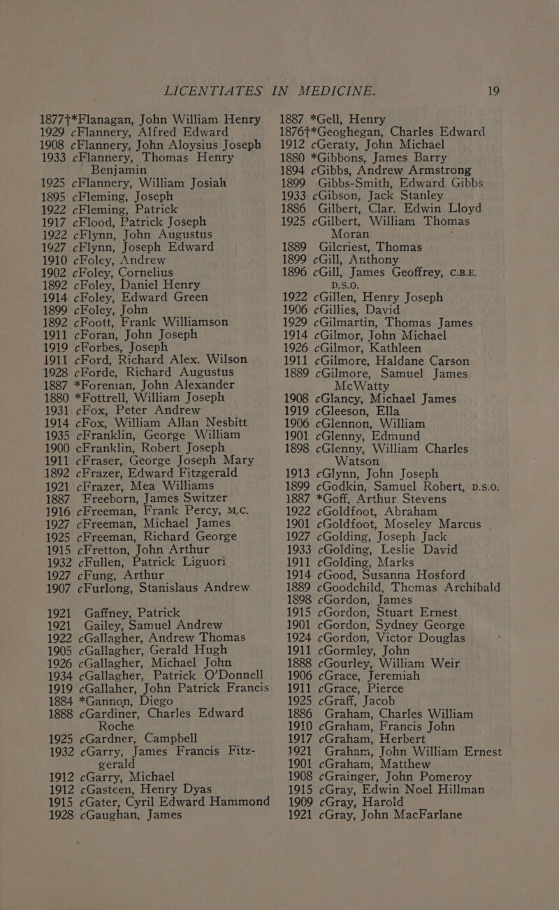 1877}*Flanagan, John William Henry 1929 cFlannery, Alfred Edward 1908 cFlannery, John Aloysius Joseph 1933 cFlannery, Thomas Henry Benjamin 1925 cFlannery, William Josiah 1895 cFleming, Joseph 1922 cFleming, Patrick 1917 cFlood, Patrick Joseph 1922 cFlynn, John Augustus 1927 cFlynn, Joseph Edward 1910 cFoley, Andrew 1902 cFoley, Cornelius 1892 cFoley, Daniel Henry 1914 cFoley, Edward Green 1899 cFoley, John 1892 cFoott, Frank Williamson 1911 cForan, John Joseph 1919 cForbes, Joseph 1911 cFord, Richard Alex. Wilson 1928 cForde, Richard Augustus 1887 *Foreman, John Alexander 1880 *Fottrell, William Joseph 1931 cFox, Peter Andrew 1914 cFox, William Allan Nesbitt 1935 cFranklin, George William 1900 cFranklin, Robert Joseph 1911 cFraser, George Joseph Mary 1892 cFrazer, Edward Fitzgerald 1921 cFrazer, Mea Williams 1887 Freeborn, James Switzer 1916 cFreeman, Frank Percy, M.c. 1927 cFreeman, Michael James 1925 cFreeman, Richard George 1915 cFretton, John Arthur 1932 cFullen, Patrick Liguori 1927 cFung, ‘Arthur 1907 cFurlong, Stanislaus Andrew 1921 Gaffney, Patrick 1921 Gailey, Samuel Andrew 1922 cGallagher, Andrew Thomas 1905 cGallagher, Gerald Hugh 1926 cGallagher, Michael John 1934 cGallagher, Patrick O’Donnell 1919 cGallaher, John Patrick Francis 1884 *Gannon, Diego 1888 cGardiner, Charles Edward Roche 1925 cGardner, Campbell 1932 cGarry, James Francis Fitz- geral 1912 cGarry, Michael 1912 cGasteen, Henry Dyas 1915 cGater, Cyril Edward Hammond 1928 cGaughan, James 1887 *Gell, Henry 1876+*Geoghegan, Charles Edward 1912 cGeraty, John Michael 1880 *Gibbons, James Barry 1894 cGibbs, Andrew Armstrong 1899 Gibbs-Smith, Edward Gibbs 1933 cGibson, Jack Stanley 1886 Gilbert, Clar. Edwin Lloyd 1925 cGilbert, William Thomas Moran 1889 Gilcriest, Thomas 1899 cGill, Anthony 1896 cGill, James Geoffrey, C.B.E. D.S.0. 1922 cGillen, Henry Joseph 1929 cGilmartin, Thomas James 1914 cGilmor, Tohn Michael 1926 cGilmor, Kathleen 1911 cGilmore, Haldane Carson 1889 cGilmore, Samuel James McWatty 1908 cGlancy, Michael James 1919 cGleeson, Ella 1906 cGlennon, William 1901 cGlenny, Edmund 1898 cGlenny, William Charles Watson 1913 cGlynn, John Joseph 1899 cGodkin, Samuel Robert, p.s.o. 1887 *Goff, Arthur Stevens 1922 cGoldfoot, Abraham 1901 cGoldfoot, Moseley Marcus | 1927 cGolding, Joseph Jack 1933 cGolding, Leslie David 1911 cGolding, Marks 1914 cGood, Susanna Hosford 1889 cGoodchild, Thomas Archibald 1898 cGordon, James 1915 cGordon, Stuart Ernest 1901 cGordon, Sydney George 1924 cGordon, Victor Douglas 1911 cGormley, John 1888 cGourley, William Weir 1906 cGrace, Jeremiah 1911 cGrace, Pierce 1925 cGraff, Jacob 1886 Graham, Charles William 1910 cGraham, Francis John 1917 cGraham, Herbert 1921 Graham, John William Ernest 1901 cGraham, Matthew 1908 cGrainger, John Pomeroy 1915 cGray, Edwin Noel Hillman 1909 cGray, Harold 1921 cGray, John MacFarlane