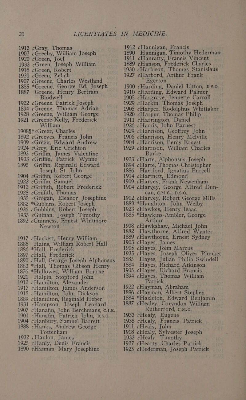 1902 cGreehy, William Joseph 1920 cGreen, Joel 1933 cGreen, Joseph William 1916 cGreen, Robert 1920 cGreen, Zelich 1907 cGreene, Charles Westland 1885 *Greene, George Ed. Joseph 1887 Greene, Henry Bertram Blodwell 1922 cGreene, Patrick Joseph 1894 cGreene, Thomas Adrian 1928 cGreene, William George 1921 cGreene-Kelly, Frederick William 19089tcGreer, Charles 1892 cGreeves, Francis John 1909 cGregg, Edward Andrew 1924 cGrey, Eric Crichton 1893 cGriffin, James Valentine 1933 cGriffin, Patrick Wynne 1895 Griffin, Reginald Edward Joseph St. John 1904 cGriffin, Robert George 1922 cGriffin, Samuel 1912 cGriffith, Robert Frederick 1925 cGriffith, Thomas 1935 cGrogan, Eleanor Josephine 1882 *Gubbins, Robert Joseph 1926 cGubbins, Robert Joseph 1933 cGuinan, Joseph Timothy 1892 cGuinness, Ernest Whitmore Newton 1917 cHackett, Henry William 1886 Hains, William Robert Hall 1886 *Hall, Frederick 1897 cHall, Frederick 1890 cHall, George Joseph Alphonsus 1883 *Hall, Thomas Gibson Henry 1876 *Hallowes, William Bourne 1921 Halpin, Stopford John 1912 cHamilton, Alexander 1917 cHamilton, James Anderson 1915 cHamilton, John Dickson 1889 cHamilton, Reginald Heber 1931 cHampson, Joseph Leonard 1907 cHanafin, John Berchmans, C.L.E. 1901 cHanafin, Patrick John, D.s.0o. 1904 cHanbury, Samuel Barrett 1888 cHanks, Andrew George Tottenham 1932 cHanlon, James 1925 cHanly, Denis Francis 1890 cHannan, Mary Josephine 1890 Hannigan, Timothy Hederman 1911 cHanratty, Francis Vincent 1889 cHanson, Frederick Charles 1930 cHarbison, Thomas Stanislaus 1927 cHarbord, Arthur Frank ' Egerton : 1900 cHarding, Daniel Litton, D.s.o. 1910 cHarding, Edward Palmer 1905 cHargrave, Jennette Carroll 1929 cHarkin, Thomas Joseph 1905 cHarper, Rodolphus Whittaker 1920 cHarpur, Thomas Philip 1911 cHarrington, Daniel 1926 cHarris, John Earnest 1929 cHarrison, Geoffrey John 1906 cHarrison, Henry Melville 1904 cHarrison, Percy Ernest 1929 cHarrison, William Charles Burke 1923 cHarte, Alphonsus Joseph 1894 cHarte, Thomas Christopher 1886 Hartford, Ignatius Purcell 1914 cHartnectt, Edmond 1909 cHarvey, Frank Newenham 1904 cHarvey, George Alfred Dun- can, C.M.G.>-D.S.0. 1902 cHarvey, Robert George Mills 1889 *Haughton, John Welby 1923 cHawkes, Henry. Isaac 1885 *Hawkins-Ambler, George Arthur 1908 cHawkshaw, Michael John 1882 Hawthorne, Alfred Wynter 1889 cHawthorne, Ernest Sydney 1903 cHayes, James 1905 cHayes, John Marcus 1935 cHayes, Joseph Oliver Plunket 1885 Hayes, Julian Philip Swindell 1884 Hayes, Richard Atkinson 1905 cHayes, Richard Francis 1894 cHayes, Thomas William Patrick 1922 cHayman, Abraham 1896 cHayman, Albert Stephen 1884 *Hazleton, Edward Benjamin 1887 cHealey, Coryndon William Rutherford, ¢.M.G. 1933 cHealy, Eugene 1935 cHealy, Francis Patrick 1911 cHealy, John 1918 cHealy, Sylvester Joseph 1933 cHealy, Timothy 1927 cHearty, Charles Patrick 1925 cHederman, Joseph Patrick