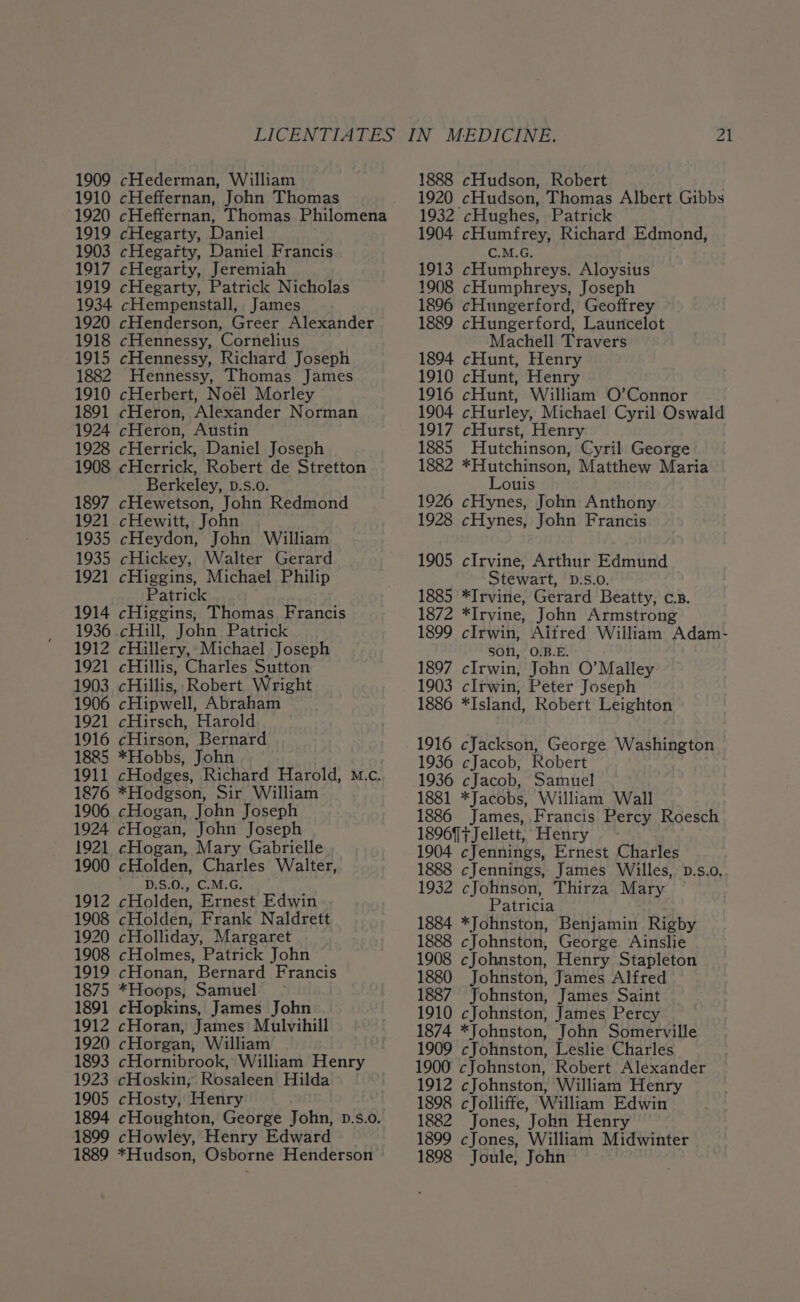 1910 cHeffernan, John Thomas 1920 cHeffernan, Thomas Philomena 1919 cHegarty, Daniel 1903 cHegarty, Daniel Francis 1917 cHegarty, Jeremiah 1919 cHegarty, Patrick Nicholas 1934 cHempenstall, James 1920 cHenderson, Greer Alexander 1918 cHennessy, Cornelius 1915 cHennessy, Richard Joseph 1882 Hennessy, Thomas James 1910 cHerbert, Noel Morley 1891 cHeron, Alexander Norman 1924 cHeron, Austin 1928 cHerrick, Daniel Joseph 1908 cHerrick, Robert de Stretton Berkeley, D.s.o. 1897 cHewetson, John Redmond 1921 cHewitt, John 1935 cHeydon, John William 1935 cHickey, Walter Gerard 1921 cHiggins, Michael Philip Patrick 1914 cHiggins, Thomas Francis 1936 cHill, John Patrick 1912 cHillery, Michael Joseph 1921 cHillis, Charles Sutton 1903 cHillis, Robert Wright 1906 cHipwell, Abraham 1921 cHirsch, Harold 1916 cHirson, Bernard 1885 *Hobbs, John 1911 cHodges, Richard Harold, M.c. 1876 *Hodgson, Sir William 1906 cHogan, John Joseph 1924 cHogan, John Joseph 1921 cHogan, Mary Gabrielle 1900 cHolden, Charles Walter, D.S.0., C.M.G. 1912 cHolden, Ernest Edwin 1908 cHolden, Frank Naldrett 1920 cHolliday, Margaret 1908 cHolmes, Patrick John 1919 cHonan, Bernard Francis 1875 *Hoops, Samuel - 1891 cHopkins, James John 1912 cHoran, James Mulvihill 1920 cHorgan, William 1893 cHornibrook, William Henry 1923 cHoskin, Rosaleen Hilda 1905 cHosty, Henry 1894 cHoughton, George John, D.s.0. 1899 cHowley, Henry Edward 1889 *Hudson, Osborne Henderson 1920 cHudson, Thomas Albert Gibbs 1932. cHughes, Patrick 1904 cHumfrey, Richard Edmond, C.M.G. 1913 cHumphreys. Aloysius 1908 cHumphreys, Joseph 1896 cHungerford, Geoffrey 1889 cHungerford, Laurncelot Machell Travers 1894 cHunt, Henry 1910 cHunt, Henry 1916 cHunt, William O’Connor 1904 cHurley, Michael Cyril Oswald 1917 cHurst, Henry 1885 Hutchinson, Cyril George 1882 *Hutchinson, Matthew Maria Louis 1926 cHynes, John Anthony 1928 cHynes, John Francis 1905 cIrvine, Arthur Edmund Stewart, D.S.0o. 1885 *Irvine, Gerard Beatty, cs. 1872 *Irvine, John Armstrong 1899 cIrwin, Aitred William Adam- Son, O.B.E. 1897 cIrwin, John O’Malley 1903 cIrwin, Peter Joseph 1886 *Island, Robert Leighton 1916 cJackson, George Washington 1936 cJacob, Robert 1936 cJacob, Samuel 1881 *Jacobs, William Wall 1886 James, Francis Percy Roesch 1896fjJellett, Henry - 1904 cJennings, Ernest Charles 1888 cJennings, James Willes, D.s.o, 1932 cJohnson, Thirza Mary Patricia 1884 *Johnston, Benjamin Rigby 1888 cJohnston, George Ainslie 1908 cJohnston, Henry Stapleton 1880 Johnston, James Alfred 1887 Johnston, James Saint 1910 cJohnston, James Percy 1874 *Johnston, John Somerville 1909 cJohnston, Leslie Charles 1900 cJohnston, Robert Alexander 1912 cJohnston, William Henry 1898 cJolliffe, William Edwin 1882 Jones, John Henry 1899 cJones, William Midwinter 1898 Joule, John