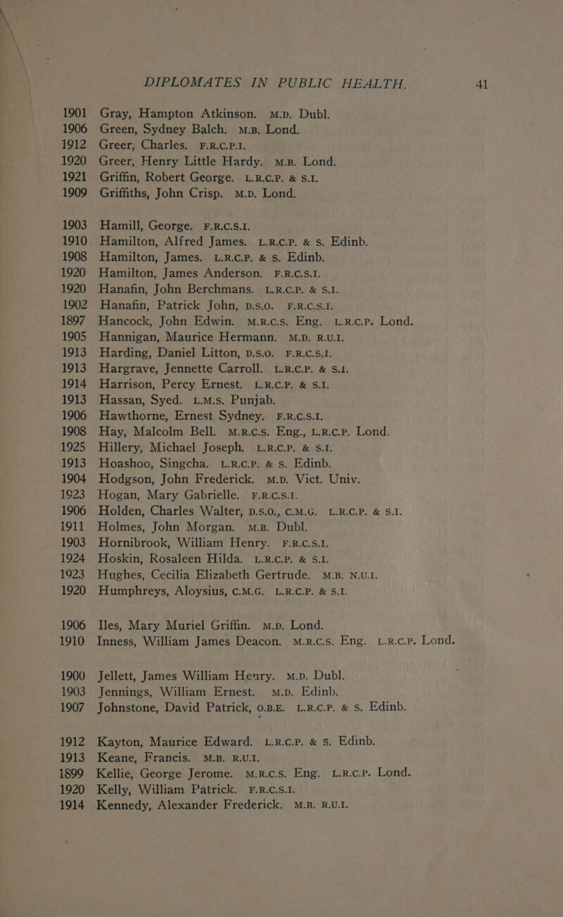Gray, Hampton Atkinson. m.p. Dubl. Green, Sydney Balch. m.s. Lond. Greer, Henry Little Hardy. mz. Lond. Griffiths, John Crisp. m.p, Lond. Hamilton, James. L.R.c.P. &amp; s. Edinb. Hamilton, James Anderson. F.R.C.S.I. Hanafin, Patrick John, D.s.o. F.R.C.S.1. Hannigan, Maurice Hermann. M.D. R.U.1, Harding, Daniel Litton, pD.s.o. F.R.c.S.1. Hargrave, Jennette Carroll. LRP. &amp; S.1. Hassan, Syed. u.M.s. Punjab. Hawthorne, Ernest Sydney. F.R.C.S.1. Hay, Malcolm Bell. M.r.c.s. Eng., L.r.c.p. Lond. Hillery, Michael Joseph. L.R.c.P. &amp; S.I1. Hoashoo, Singcha. L.R.c.P. &amp; s. Edinb. Hodgson, John Frederick. M.p. Vict. Univ. Hogan, Mary Gabrielle. © F.R.c.s.1. Holmes, John Morgan. m.zs. Dubl. Hornibrook, William Henry. F.R.c.s.1. Hughes, Cecilia Elizabeth Gertrude. M.B. N.U.1I. Humphreys, Aloysius, C.M.G. L.R.C.P. &amp; S.I. Iles, Mary Muriel Griffin. m.p. Lond. Jellett, James William Henry. m.p. Dubl. Jennings, William Ernest. m.p. Edinb. Johnstone, David Patrick, 0.B.E. L.R.c.P. &amp; s. Edinb. Keane, Francis. M.B. R.U.I. Kelly, William Patrick. F.R.C.S.1. Kennedy, Alexander Frederick. M.B. R.U.I.