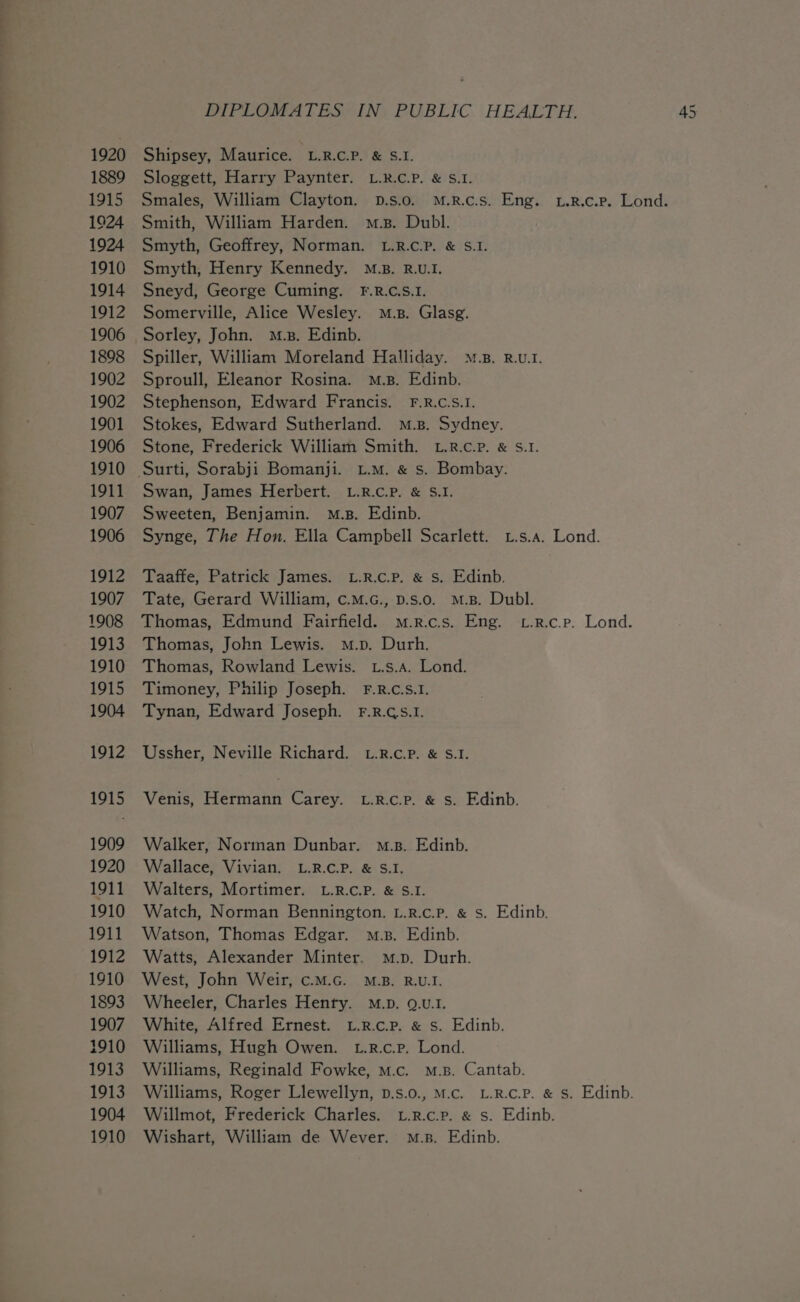 a woe 1920 1889 1915 1924 1924 1910 1914 1912 1906 1898 1902 1902 1901 1906 1910 1911 1907 1906 1912 1907 1908 1913 1910 1915 1904 1912 1915 1909 1920 1911 1910 1911 1912 1910 1893 1907 1910 1913 1913 1904 1910 Dubl. RiUat, Sorley, John. m.z. Edinb. Stephenson, Edward Francis. Stokes, Edward Sutherland. F.R.C.S.1. M.B. Sydney. R.U.I, Willmot, Frederick Charles. Wishart, William de Wever. L.R.C.P. &amp; S. Edinb. M.B. Edinb.