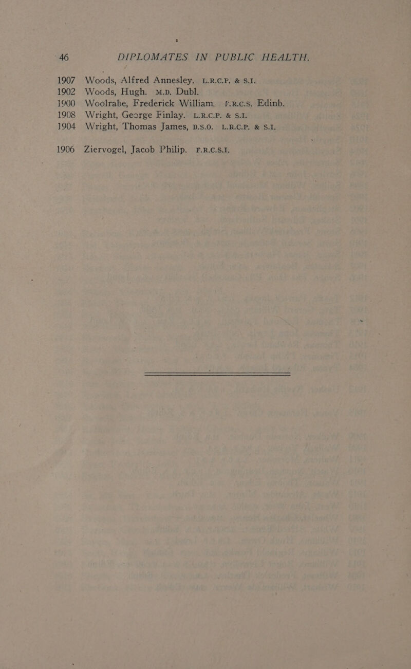 Woods, Alfred Annesley. L.R.C.P. & S.I. Woods, Hugh. m.p. Dubl. Woolrabe, Frederick William, f.R.c.s. Edinb. Wright, George Finlay. L.R.c.P. & S.1. Wright, Thomas James, D.S.0. L.R.C.P. & S.I.