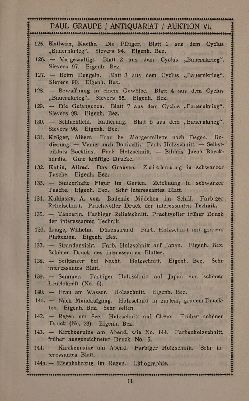125. 126, 127. 128. 129, 130. 131. 132. 133, 134. 135. 136. 137. 138. 139. 140. 141. 142. 143. 144. OOLOOS9OODOO SHO OOOHDEODODHOO9OD OLOOLSIOC ODE EODP OOOH DEDEDE DOESOD OHEOOOOEESO9 OUD POPE EELOOD 91010000 000000000000060060000650900000905006009006 00000000 0660096090006 Kollwitz, Kaethe. Die Pfliiger. Blatt 1 aus dem Cyclus »bBauernkrieg“. Sievers 94. Eigenh. Bez. ) — Vergewaltigt. Blatt 2 aus dem Cyclus_ ,,Bauernkrieg“. Sievers 97. Eigenh. Bez. — Beim Dengeln. Blatt 3 aus dem Cyclus_ ,,Bauernkrieg“. Sievers 90. Eigenh. Bez. | — Bewaffnung in einem Gewélbe. Blatt 4 aus dem Cyclus »Bauernkrieg“. Sievers 95. Eigenh. Bez. | — Die Gefangenen. Blatt 7 aus dem Cyclus ,,Bauernkrieg“. Sievers 98. Eigenh. Bez. — Schlachtfeld. Radierung. Blatt 6 aus dem ,,Bauernkrieg“. Sievers 96. Eigenh. Bez. Kriiger, Albert. Frau bei Morgentoilette nach Degas. Ra- dierung. — Venus nach Botticelli. Farb. Holzschnitt. — Selbst- bildnis Bécklins. Farb. Holzschnitt. — Bildnis’: Jacob Burck- hardts. Gute kraftige Drucke. Kubin, Alfred. Das Grausen. Zeichnung in schwarzer Tusche. Eigenh. Bez. — Stutzerhafte Figur im Garten. Zeichnung in schwarzer Tusche. Eigenh. Bez. Sehr interessantes Blatt. Kubinsky, A. von. Badende Madchen im Schilf. Farbiger Reliefschnitt. Prachtvoller Druck der interessanten Technik. — Tanzerin. Farbiger Reliefschnitt. Prachtvoller friiher Druck der interessanten Technik. Laage, Wilhelm. Diinenstrand. Farb. Holzschnitt mit griinem Plattenton. Eigenh. Bez. — Strandansicht. Farb. Holzschnitt auf Japan. Eigenh. Bez. Schéner Druck des interessanten Blattes. — Seiltanzer bei Nacht. Holzschnitt. Eigenh. Bez. Sehr interessantes Blatt. — Sommer. Farbiger Holzschnitt auf Japan von ‘schoner Leuchtkraft (No. 6). — Frau am Wasser. Holzschnitt. Eigenh. Bez. — Nach Mondaufgang. Holzschnitt in zartem, grauem Druck- ton. Eigenh. Bez. Sehr selten. — Regen am See. Holzschnitt auf Chma. Friiher schéner Druck (No. 23). Eigenh. Bez. — Kirchenruine am Abend, wie No. 144. Farbenholzschnitt, friher ausgezeichneter Druck No. 6. — Kirchenruine am Abend. Farbiger Holzschnitt. Sehr in- teressantes Blatt. 11. $6000 H 900000000900 000000 9066 09002000090000509006 090090 9040090590090 990 90609909900 0009 000900000009 00000000000000056009000000900000000000090996000000009009 00000