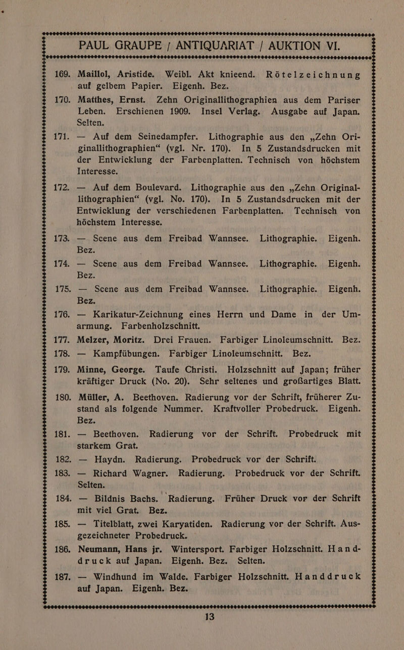 teed Oo O8O9O0000000000900000000000060009000000000000000 0000005 0000000000060000000000000000090000000000 6 00000000000000600010090000000000000600000000009000000060000000000000 $ 169. Maillol, Aristide. Weibl. Akt knieend. Rételzeichnung é auf gelbem Papier. Eigenh. Bez. 3 170. Matthes, Ernst. Zehn Originallithographien aus dem Pariser i Leben. Erschienen 1909. Insel Verlag. Ausgabe auf Japan. 3 Selten. $ 171. — Auf dem Seinedampfer. Lithographie aus den ,,Zehn Ori- : ginallithographien“ (vgl. Nr. 170). In 5 Zustandsdrucken mit é der Entwicklung der Farbenplatten. Technisch von héchstem : Interesse. 172. — Auf dem Boulevard. Lithographie aus den ,,Zehn Original- lithographien“ (vgl. No. 170). In 5 Zustandsdrucken mit der Entwicklung der verschiedenen Farbenplatten. Technisch von 2 _hoéchstem Interesse. 3 173. — Scene aus dem Freibad Wannsee. Lithographie. Eigenh. 3 Bez: 3 174. — Scene aus dem Freibad Wannsee. Lithographie. Eigenh. 3 Bez. | 3 175. — Scene aus dem Freibad Wannsee. Lithographie. Eigenh. 3 Bez. i 176. — Karikatur-Zeichnung eines Herrn und Dame in der Um- 3 armung. Farbenholzschnitt. : 177. Melzer, Moritz. Drei Frauen. Farbiger Linoleumschnitt. Bez. ¢ 178. — Kampfibungen. Farbiger Linoleumschnitt. Bez. i 179. Minne, George. Taufe Christi. Holzschnitt auf Japan; friher 3 kraftiger Druck (No. 20). Sehr seltenes und grofsartiges Blatt. 3 180. Miller, A. Beethoven. Radierung vor der Schrift, friherer Zu- 3 stand als folgende Nummer. Kraftvoller Probedruck. Eigenh. 3 Bez. : 181. — Beethoven. Radierung vor der Schrift. Probedruck mit 3 starkem Grat. : 182. — Haydn. Radierung. Probedruck vor der Schrift. ¢ 183. — Richard Wagner. Radierung. Probedruck vor der Schrift. : Selten. 184. — Bildnis Bachs. ‘Radierung. Friher Druck vor der Schrift mit viel Grat. Bez. $ 185. — Titelblatt, zwei Karyatiden. Radierung vor der Schrift. Aus- 3 gezeichneter Probedruck. $ 186. Neumann, Hans jr. Wintersport. Farbiger Holzschnitt. H an d- : druck auf Japan. Ejigenh. Bez. Selten. 187. — Windhund im Walde. Farbiger Holzschnitt. Handdruck auf Japan. Eigenh. Bez.