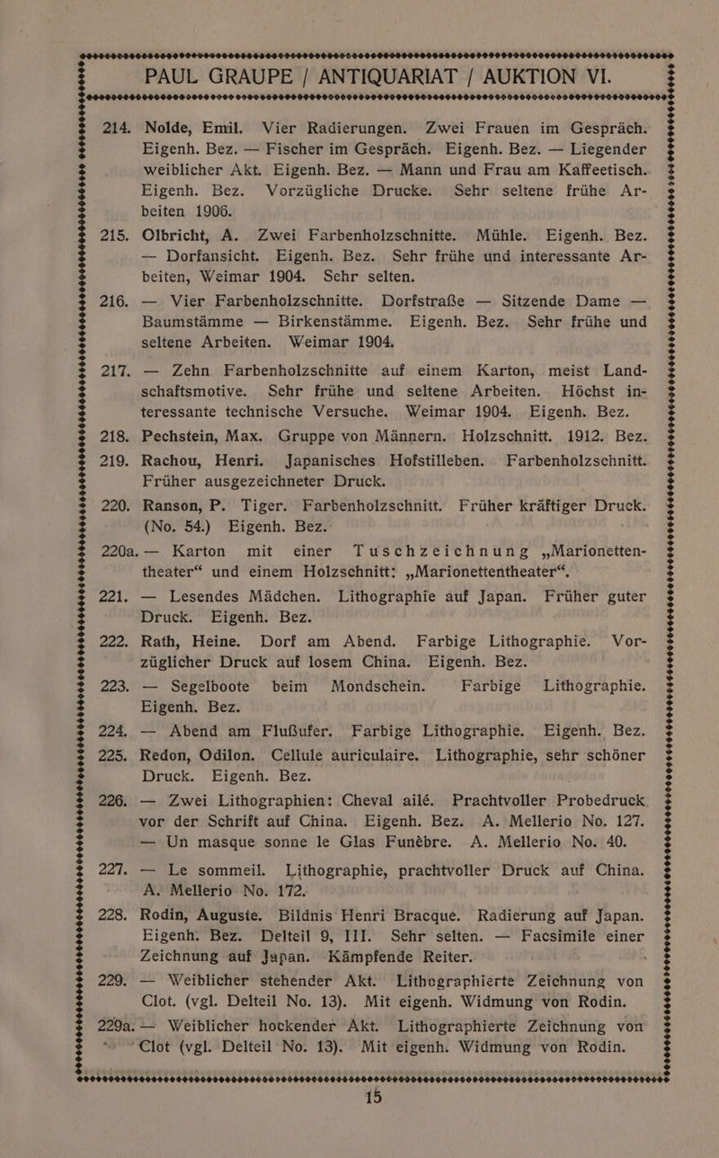 0006400006 99S 995099960005 60069008 PAUL GRAUPE / ANTIQUARIAT / AUKTION VI. Nolde, Emil. Vier Radierungen. Zwei Frauen im Gesprach. Eigenh. Bez. — Fischer im Gesprach. Eigenh. Bez. — Liegender Eigenh. Bez. Vorziigliche Drucke. Sehr seltene frithe Ar- beiten 1906. Olbricht, A. Zwei Farbenholzschnitte. Mithle. Eigenh. Bez. — Dorfansicht. Eigenh. Bez. Sehr friihe und interessante Ar- beiten, Weimar 1904. Sehr selten. — Vier Farbenholzschnitte. Dorfstrae — Sitzende Dame — Baumstéamme — Birkenstamme. Eigenh. Bez. Sehr friihe und seltene Arbeiten. Weimar 1904. — Un masque sonne le Glas Funébre. A. Mellerio No. 40. — Le sommeil. Lithographie, prachtvoller Druck auf China. A. Mellerio: No. 172. Rodin, Auguste. Biidnis Henri Bracque. Radierung auf Japan. Eigenh. Bez. Delteil 9, III. Sehr selten. — Facsimile einer Zeichnung auf Japan. Kampfende Reiter. — Weiblicher stehender Akt. Lithegraphierte Zeichnung von Clot. (vgl. Delteil No. 13). Mit eigenh. Widmung von Rodin. ‘Clot (vgl. Delteil No. 13). Mit eigenh. Widmung von Rodin. 15 | OOOSOOS