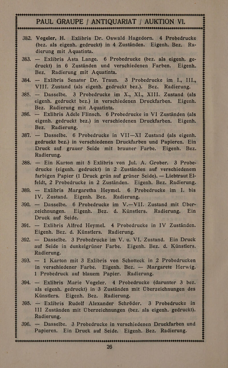 BOF DODO 09O9000F 696994F698L60096$4609509669688686 $996 569656066006 600809005 5000006 0000 009006996500 6540506000066005 5006 900605009009005659066906 600666608 0609006060000006 099004000606 9499600006066666 (bez. als eigenh. gedruckt) in 4 Zustanden. Eigenh. Bez. Ra- dierung mit Aquatinta. ; — Exlibris Asta Lange. 6 Probedrucke (bez. als eigenh. ge- druckt) in 6 Zustanden und verschiedenen Farben. Eigenh. — Exlibris Senator Dr. Traun. 3 Probedrucke im I., III., — Dasselbe. 3 Probedrucke im X., XI., XIII. Zustand (als eigenh. gedruckt bez.) in verschiedenen Druckfarben. Eigenh. Bez. Radierung mit Aquatinta. — Exlibris Adele Flinsch. 6 Probedrucke in VI Zustanden (als eigenh. gedruckt bez.) in verschiedenen Druckfarben. Eigenh. — Dasselbe. 6 Probedrucke in VII—XI Zustand (als eigenh. gedruckt bez.) in verschiedenen Druckfarben und Papieren. Ein Druck auf grauer Seide mit brauner Farbe. Eigenh. Bez. — Ein Karton mit 5 Exlibris von Jul. A. Grober. 3 Probe- drucke (eigenh. gedruckt) in 2 Zusténden auf verschiedenem farbigen Papier (1 Druck grin auf griiner Seide). — Liebtraut El- feldt, 2 Probedrucke in 2 Zustanden. Eigenh. Bez. Radierung. IV. Zustand. Eigenh. Bez. Radierung. — Dasselbe. 6 Probedrucke im V.—VII. Zustand mit Uber- zeichnungen. Ejigenh. Bez. d. Kinstlers. Radierung. Ein Druck auf Seide. — Exlibris Alfred Heymel. 4 Probedrucke in IV Zustanden. Eigenh. Bez. d. Kiinstlers. Radierung. — Dasselbe. 3 Probedrucke im V. u. VI. Zustand. Ein Druck auf Seide in dunkelgriiner Farbe. Eigenh. Bez. d. Kinstlers. Radierung. — 1 Karton mit 3 Exlibris von Schotteck in 2 Probedrucken in verschiedener Farbe. Eigenh. Bez. — Margarete Herwig. 1 Probedruck auf blauem Papier. Radierung. — Exlibris Marie Vogeler. 4 Probedrucke (darunter 3 bez. als eigenh. gedruckt) in 3 Zustanden mit Uberzeichnungen des Kinstlers. Eigenh. Bez. Radierung. — Exlibris Rudolf Alexander Schréder. 3 Probedrucke in III Zustanden mit Uberzeichnungen (bez. als eigenh. gedruckt). Radierung. — Dasselbe. 3 Probedrucke in verschiedenen Druckfarben und Papieren. Ein Druck auf Seide. Eigenh. Bez. Radierung. 0990090000 0000060000 000900000000 000000900000000900090000006000000009800190500406000000000000500900000000000000000000000060000600 00000009 000000000000