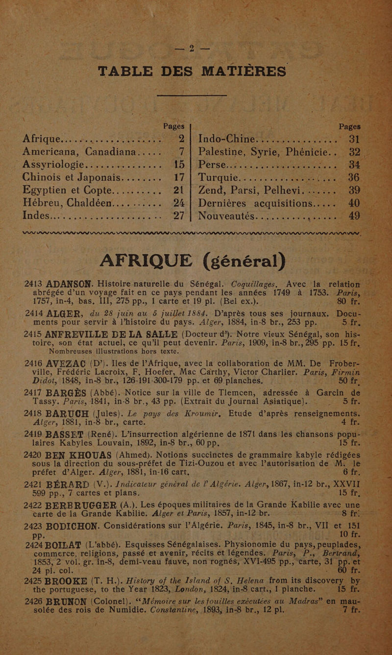 f oR “TABLE ‘DES (MATIERES — \ ee EP Afrighe 2s. een e tence tee se _ Americana, Canadiana. oe = d VASSYTIOlOgiC ssc see et «2 Chinois et A anaane enn: : 2 SS et Gopte.. a5 0 - Hébreu, Chaldéen.......... ; Mess oO arose eee e. ‘gee Gin skate Rear nee anes epee as Zend, Parsi, Behe sri Derniéres acquisitions.. “Nouvedutes.:.3), se gece AFRIQUE (général) 2413 ADANSON. Histoire naturelle du Sénégal. Coquiilages. Avec Ha Na abrégée d’un voyage fait en ce pays pendant les années 1749 a 1753. ~—--: 4757, in-4, bas, III, 275 pp., 1 carte et 19 pl. (Bel ex.). : Bee h i. 2414 ALGER, du 28 ruth au 6 juillet 1884, D’aprés tous ses journaux. : a ' ments pour servir a Vhistoire du pays. Alger, 1884, in-8 br., 253 pp. 2415 ANFREVILLE DE LA SALLE (Docteur d’): Notre vieux Sénégal, eyes toire, son état actuel, ce qu’il peut devenir. Paris, 1909, in-8 br., ae pp- 1 ‘Nombreuses illustrations hors texte. ena 2416 AVEZAC (D’). Hes de l’Afrique, avec la collaboration de MM. De robe ville, Frédéric Lacroix, F. Hoefer, Mac Carthy, Victor Charlier. Paris, fF Didot, 1848, in-8 br., 126-191-300-179 pp. et 69 planches. ni 2417 BARGES (Abbé). Notice sur la ville de Tlemcen, adressée. a ‘Garein ~ Tassy. Paris, 1841, in- -8 br., 43 PP. Pee ae du dane Reh toe ae é S Alger, 1881, in-8 br., ‘carte. - 2419 BASSET (René). L’insurrection Milk ciaines de {871 dans les chansons laires Kabyles Louvain, 1892, in-8 br., 60 pp. . 2420 BEN KHOUAS (Ahmed). Notions succinctes de grammaire kabyle Tédi sous la direction du sous-préfet de Tizi-Ouzou et avec lautorisation de M. préfet d’Alger. Alger, 1881, in-16 cart, . ae 2421 BERARD (V .). Indicateur ge de P Algérie Alger, 1867, in-12 brs XXVI 599 pp., 7 ei ies et plans. eae : 2422 BERBRUGGER (A.). Les époques militaires de la Grande Kabitie avec ahe ~ - “earte de la Grande Kabilie. Alger et Paris, 1857, in-12 br. — ad Wir PAS BODICHON. Considérations sur PAlgérie. Paris, 1845, ae brs, vil pet 3 pp. ; : 4 2424 BOILAT (L’abbé). Eequisses Sénégalaises. Physionomie iu pays, peuplad _ commerce, iene: passé et avenir, récits et légendes. Paris, Pas A a 1853, 2 vol. gr. in-8, demi-veau tauve, non Togneés, XVI- 495 PP. 5 “carte, 3 i 24 pl. “col. 2425 BROOKE Baga o ba History of the Island of S, ogaie “Bram its ee ape the. portuguese, to the Year 1823, London, 1824, in-8 carte, 1 planche. _ 2426 BRUNON (Colonel). “Mémoire sur les fouilles exécutées au Madr 3” en | ree EAOIeE. wee rois es See: i tae 1BgSs any noe 12 Phe = es