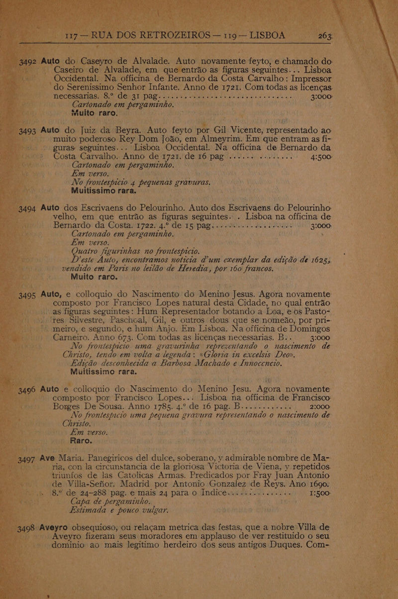Caseyro de Alvalade. Auto ‘novamente fevtos e shasta do a iy Suctantint em que entrao. as figuras seguintes... Lisboa A . Na officina de Bernardo da Costa Carvalho: Impressor ‘do Serenissimo Senhor Infante. Anno de 1721. Com todas as aaa -necessarias. 8.° de 31 pag Cartonado em Li hele | Muito ‘aro, ato ae Tes da sntin § padi: feyto ite Gil Vicante; opr badntid ao ‘muito poderoso Rey Dom Jo%o, em Almeyrim. Em que entram as fi- -guras seguintes... Lisboa. Occidental. Na officina de Bernardo da Costa Carvalho. ‘Anno de. 1721.'de re pag” avr ual Ea teL Vl. 41500: '. Cartonado em pergaminho. VOW Em verso. Vo Jrontespicio . 4 pequenas gravuras. Muitissimo rara. 1 Auto dos Esctivaens do Pelourinho. Auto dos Escrivaens do Pelourinho velho, em que entrao as figuras seguintes. . Lisboa na officina de Bernardo da Costa. 1722. 4.° de 15. pag; alt sie Cartonado em pergaminho. Em verso. Quatro figurinhas no frontespicto. Deste Auto, encontramos noticia dum exemplar da edicao de 1625, vendido em Paris no letlio de Sas i por 160 francos. Muito raro. . ; ¢ 5 ‘Auto, e colloquio do N ascimenth.! do kenite Jesus. Agora novamente «See dag por Francisco Lopes natural desta Cidade, no qual entrao as figuras seguintes: Hum Representador botando a Lea, e os Pasto-_ ‘res Silvestre, Paschoal, Gil, e outros. dous que se: nomedo, por pri- -meiro, e segundo, e hum Anjo. Em Lisboa. Na officina de Domingos Baiteies Anno 673. Com todas as licencas necessarias. B.. 3:000 No frontespicio uma. gravurinha As iia hake 0 nascimento de Christo, tendo em volta a legenda: «Gloria in excelsis Deor. . Eedicéo desconhecitda a Barbosa Machado. e Lnnoceneio. Muitissimo rara. ) Auto e - colloquio do Nascimento do Menino Jesu. Apora novamente | composto por Francisco Lopes. .. Lisboa na officina de Francisco: Borges De Sousa. Anno 1785. 4.° de 16 pag. B.. ty 2:000 No frontespicio uma I Gaga SMe ihe representando 0 nascimento es Christo. | ; pee veErSO. nero y Ave, Atatics Panegiricos del doles: canoe Vv Aanaoble nombre de Ma- — ria, con la circunstancia de la gloriosa Victoria de Viena, y repetidos. be triunfos de las Catolicas Armas. Predicados por Fray Juan Antonio de Villa-Sefior. Madrid por Antonio Gonzalez de Reys. Ano cies hs 5 sees de 24-288 pag. e mais 24 eal o Indice..s«: ) Capa de pergaminho. | Estimada e pouco vulgar. 98. Aveyro obsequioso, ou relacam metrica das festas, que a nobre Villa de - Aveyro fizeram seus moradores em applauso de ver restituido o seu ‘ oi ‘aetna ao mais legitimo herdeiro dos seus antigos Duques. Com-