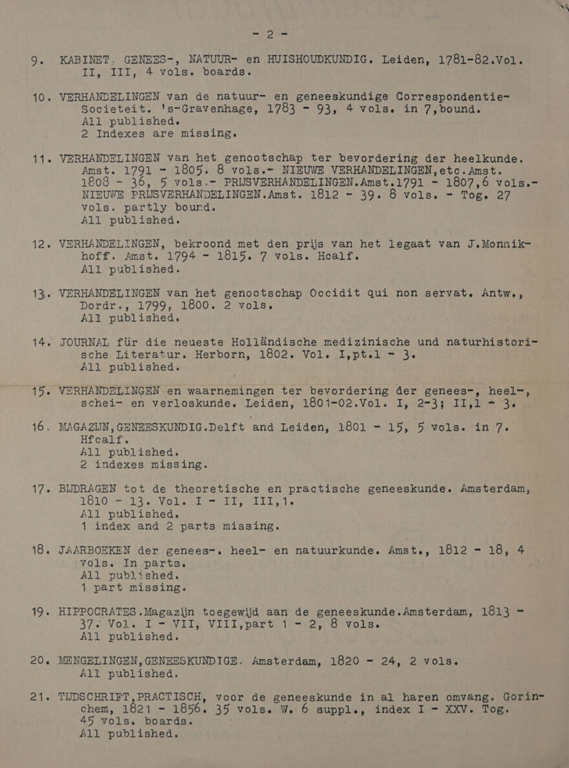 156 16. 18. 19. 20. els - o- KABINET. GENEES-, NATUUR- en HUISHOUDKUNDIG. Leiden, 1781-82.Vol. II, III, 4 vols. boards. VERHANDELINGEN van de natuur- en geneeskundige Correspondentie- Societeit. 's~Gravenhage, 1783 - 93, 4 vols. in 7,bound. All published. 2 Indexes are missing. Amst. 1791 - 1805. 8 vols.- NIEUWE VERHANDELINGEN,etc.Amst. 1808 - 36, 5 vols.- PRUSVERHANDELINGEN.Amst.1791 - 1807,6 vols.- NIEUWE PRUSVERHANDELINGEN.Amst. 1812 - 39. 8 vols. - Tog. 27 vols. partly bound. All published. VERHANDELINGEN, bekroond met den prijs van het legaat van J.Monnik- hoff. Amst. 1794 - 1815. 7 vols. Healf. All published. VERHANDELINGEN van het genootschap Occidit qui non servat. Antw., Dordrs, L799 oot oivors, All published. sche Literatur. Herborn, 1802. Vol. 1I,pt.l — 3. All published. VERHANDELINGEN en waarnemingen ter bevordering der genees-, heel-, schei- en verloskunde. Leiden, 1801-02.Vol. I, 2-3; II,1 = 3... MAGAZIN, GENEESKUNDIG.Delft and Leiden, 1801 - 15, 5 wols. in 7. Hfcalf. All published. 2 indexes missing. BIDRAGEN tot de theoretische en practische geneeskunde. Amsterdam, LOLOL VOL cee ley Ce ad All published. 1 index and 2 parts missing. JAARBOBKEN der genees-. heel- en natuurkunde. Amst., 1812 - 18, 4 Vols. In parts. : All published. 1 part missing. HIPPOCRATES .Magazijn toegewijd aan de geneeskunde.Amsterdam, 1813 - 375 Vol 1 UNITY VIL partie a ote. All published. MENGELINGEN,GENEESKUNDIGE. Amsterdam, 1820 - 24, 2 vols. All published. TIDSCHRIFT,PRACTISCH, voor de geneeskunde in al haren omvang. Gorin- chem, 1821 - 1856. 35 vols. W. 6 suppl., index I - XXV. Tog. 45 vols. boards. All published.